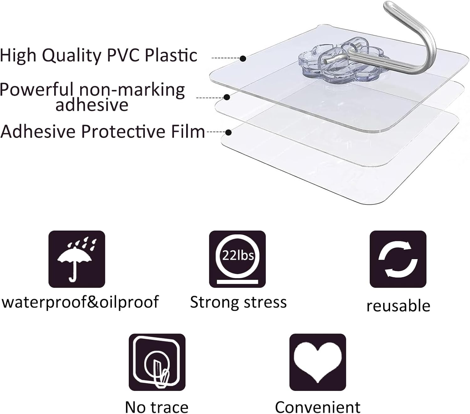 30-Pack Strong Adhesive Wall Hooks for Hanging Heavy Duty, Self Adhesive Towel Coat Hat Hook Bathroom Shower Organizer for Wall,Door,Closet Hanging Hooks, No Drilling (Transparent) image number 4