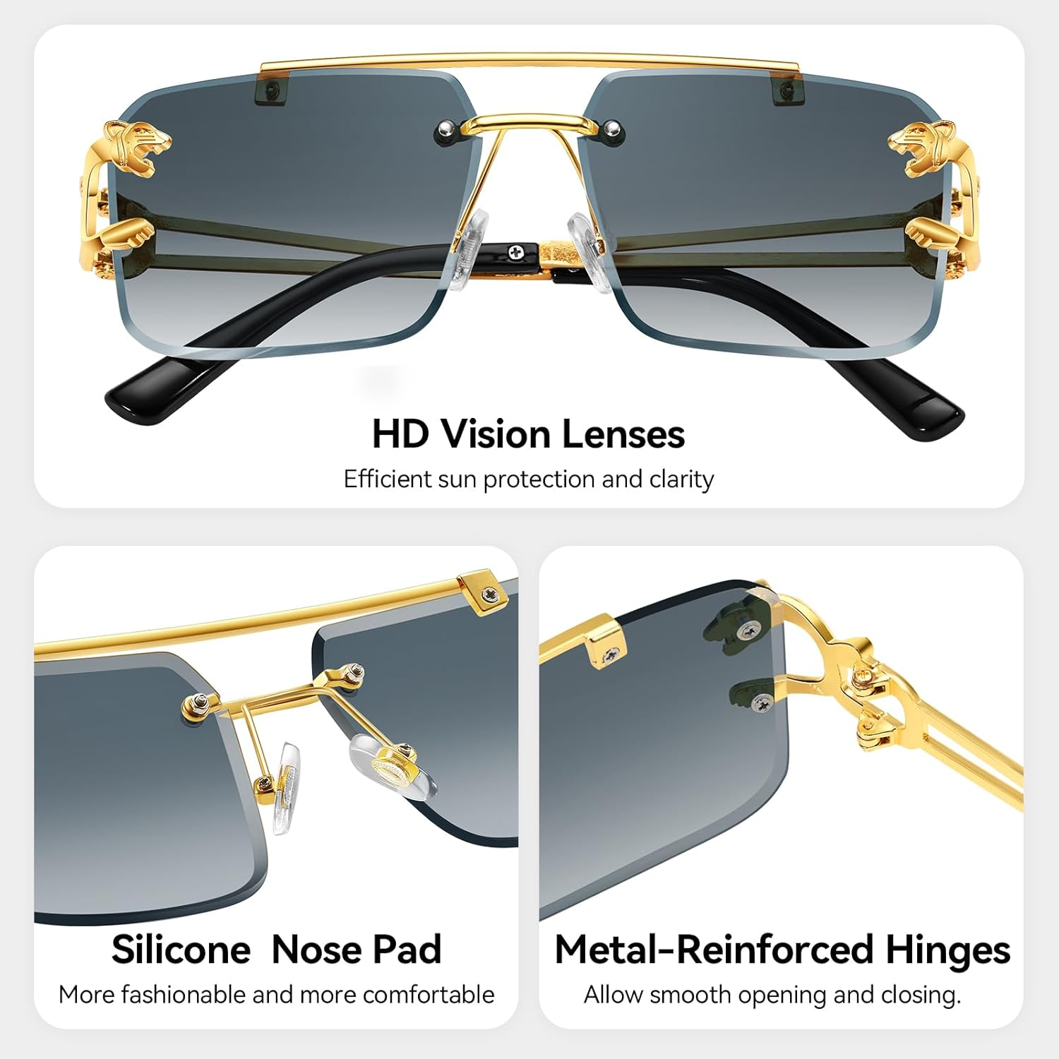 Kepoita Rimless Sunglasses for Men Square Fashion Shades Tinted Lens Metal Frameless Rectangle Y2K Glasses UV400, A:Gold Frame Double Grey, Suitable for All Face Shapes image number 6