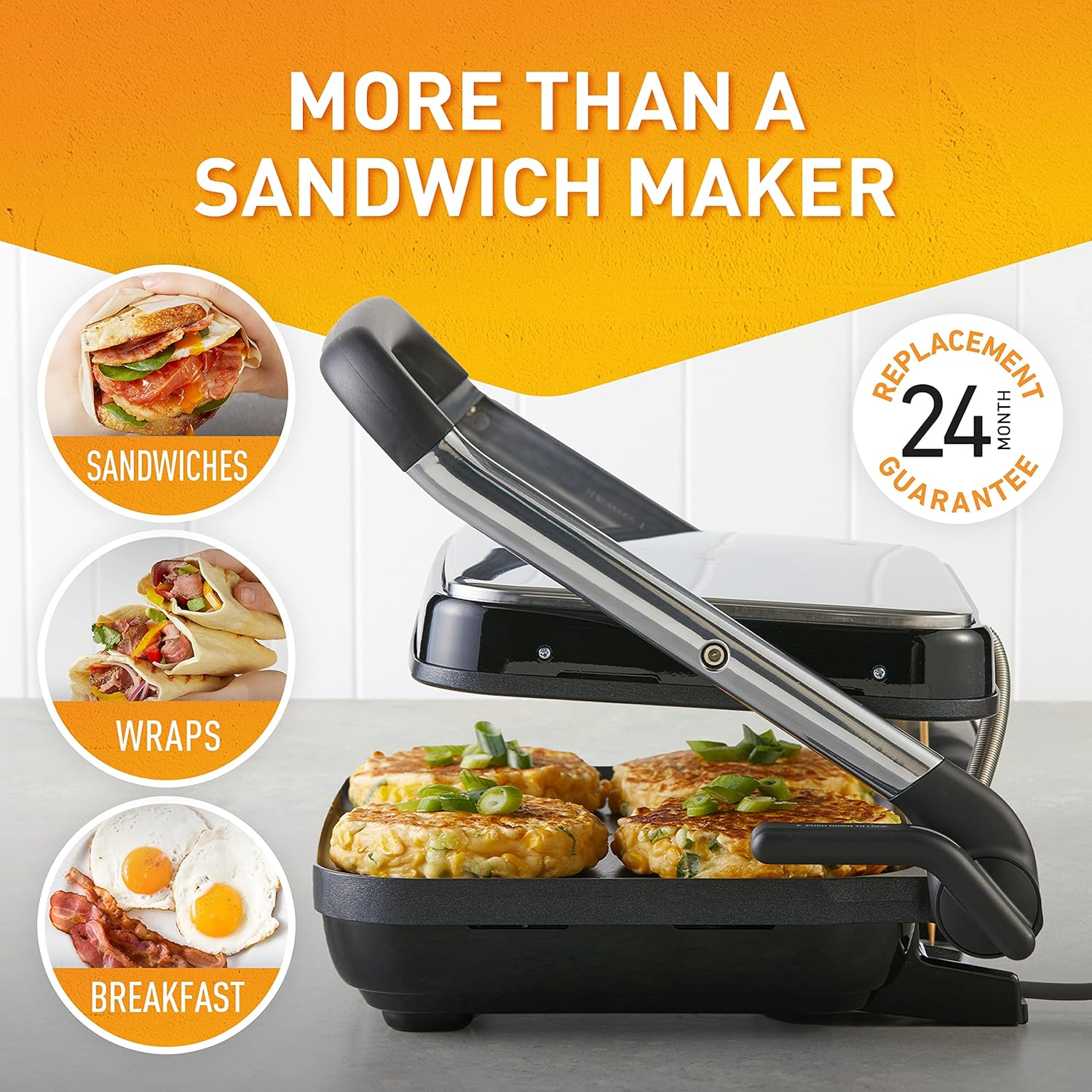 Sunbeam Caf&eacute; Style 4-Slice Sandwich Press and Maker| Anyheight&acirc;&bdquo;&cent; Control for Fritters, Breakfast, Quick Meals, Sandwiches | Non-Stick Coating, Stand-Up Storage, Silver image number 3