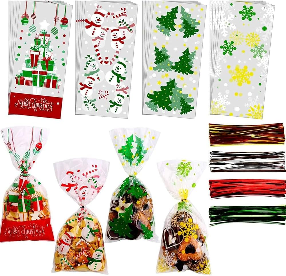 CCINEE 8 Styles Christmas Cellophane Candy Bags, Small Item Packaging Bag for Christmas Holiday 120Pieces