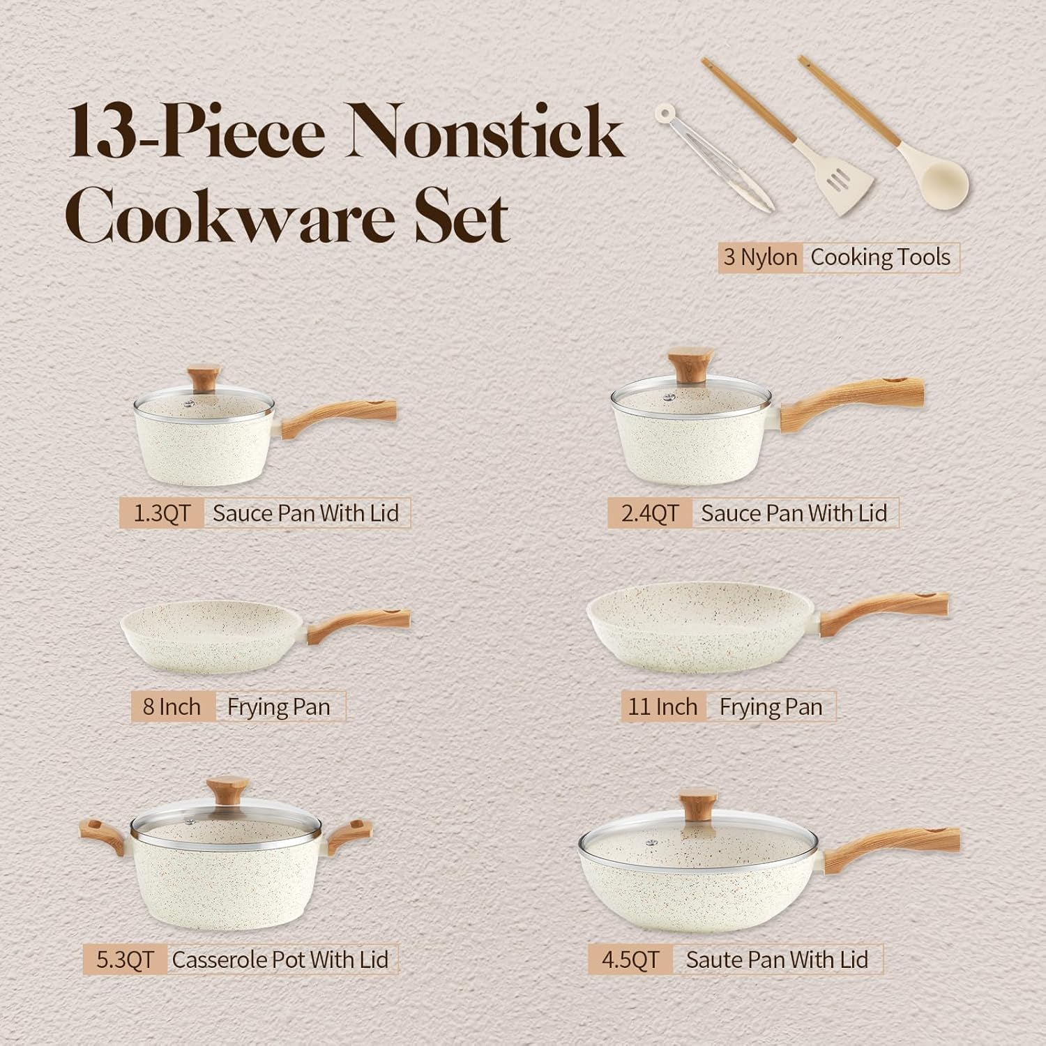 Innerwell Pots and Pans Set Nonstick, 13 Piece Kitchen Nonstick Cookware Sets with Bakelite Handles, White Granite Non-Toxic Non Stick Cooking Set, Induction Compatible(Pfos, PFOA Free) image number 2