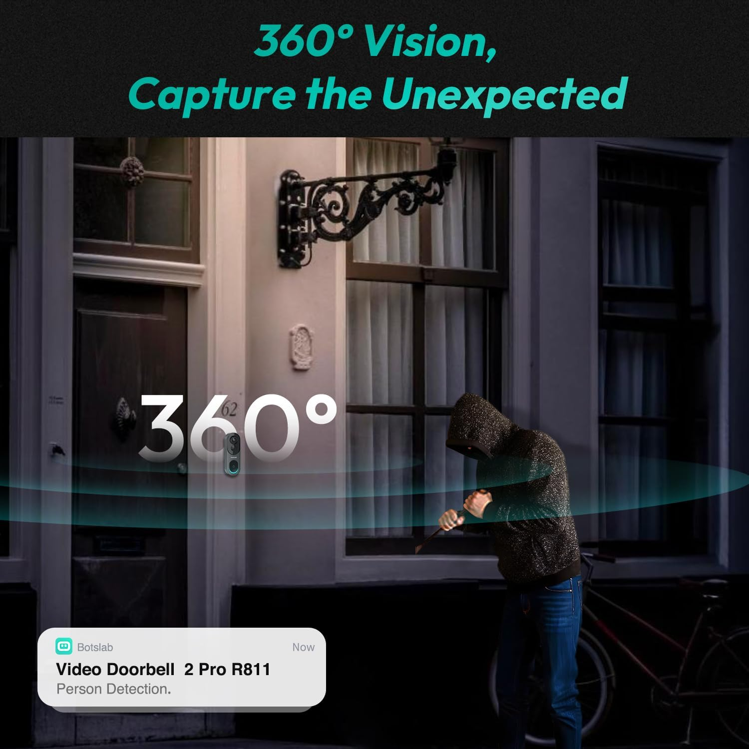 BOTSLAB 5MP Video Doorbell Camera Wireless, No Monthly Fee, 1:1 Head-To-Toe with 180&deg; Angle, 210-Day Battery Life, 32GB Local Storage, 2.4/5G Wifi, Motion Detection, Easy Installation, 2-Way Audio