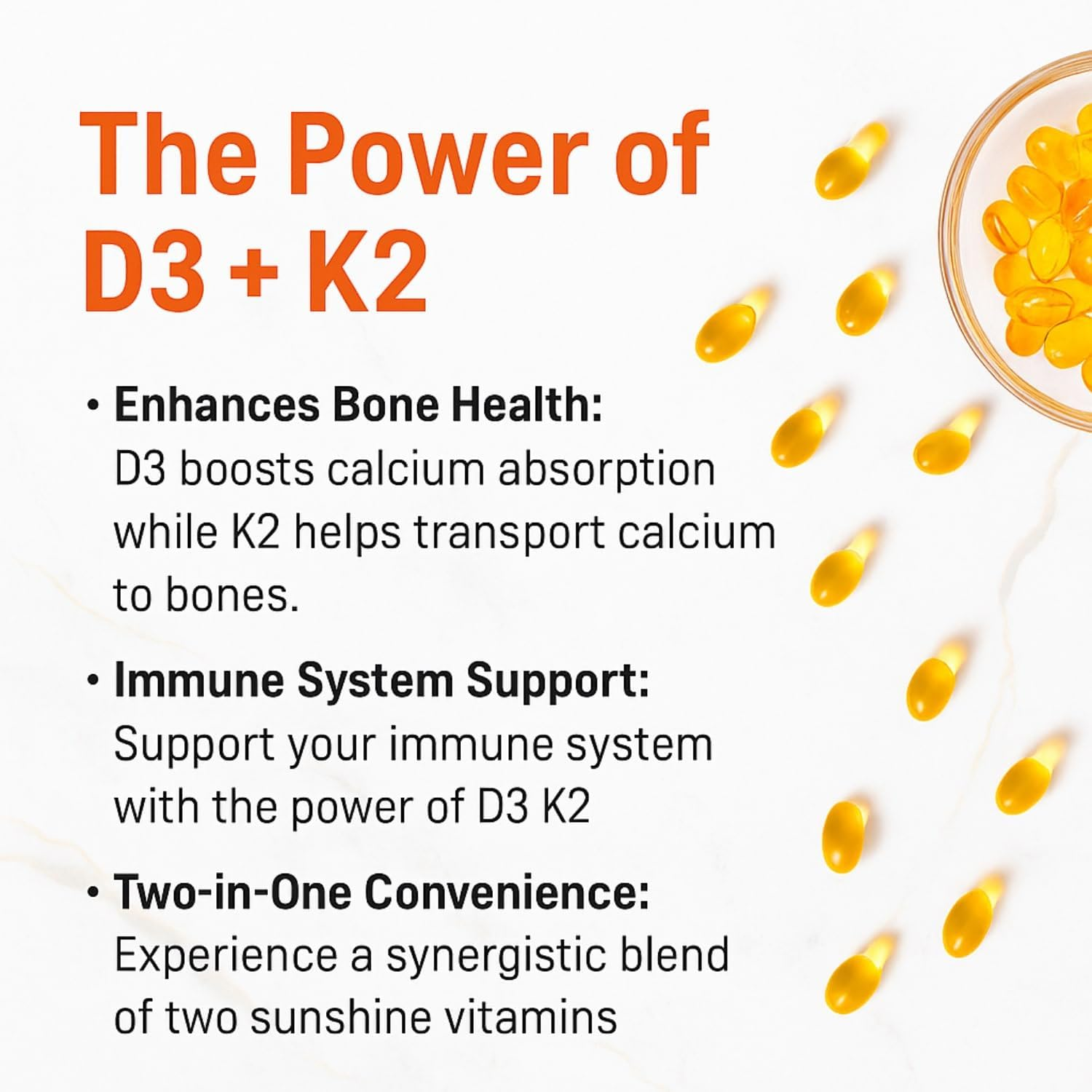 300 Vitamin D3 + K2 Supplement | 5000 IU D3 + 100 Mcg K2 | 1 Capsule per Day | High Strength 2-In-1 Formula | Enhanced Absorption with Coconut Oil | Non-Gmo by Glowbelly image number 3