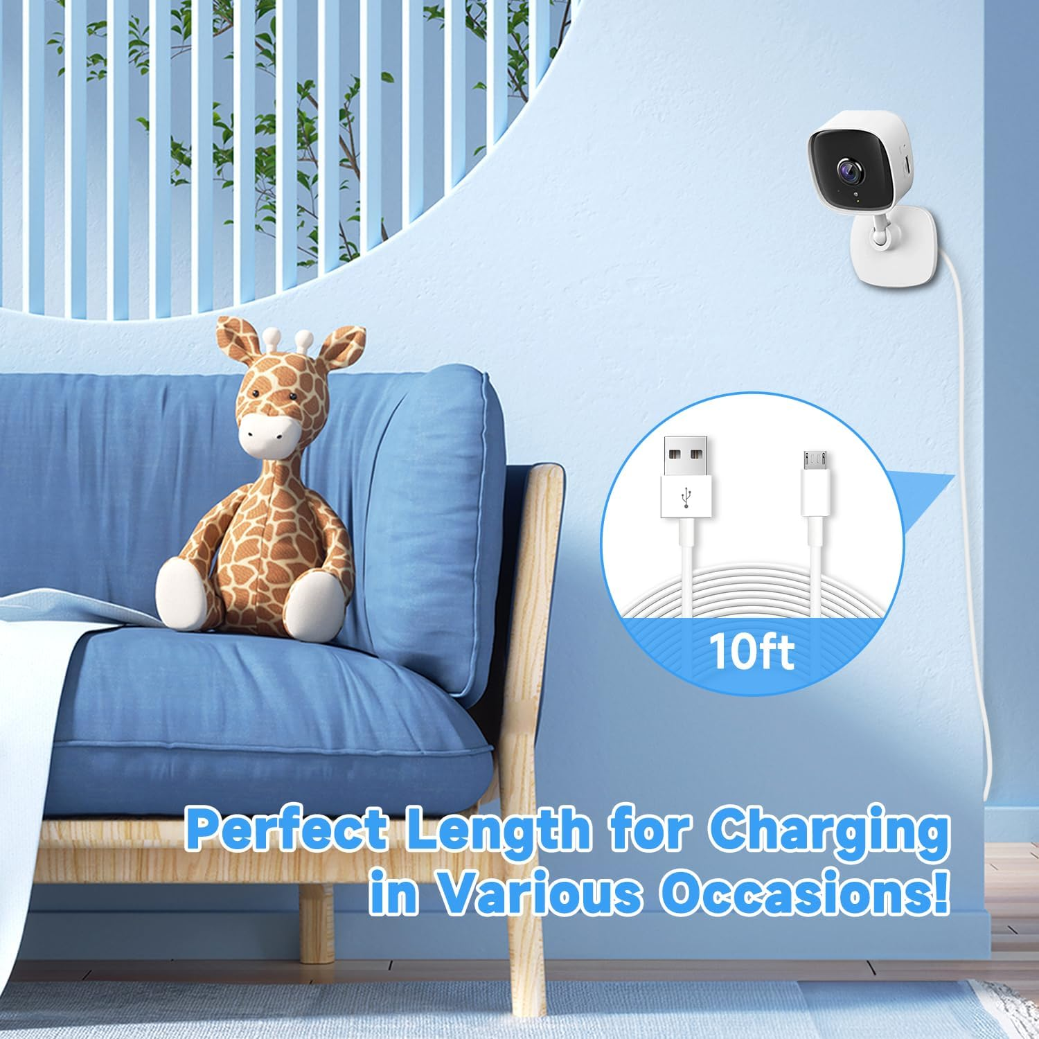 10Ft 3M Power Extension Cable for Wyze Cam, YI Camera, Nest Cam, Blink, Netvue, Kasa Cam, Cloud Camera, Furbo Dog, Arlo Q, USB to Micro USB Extension Charging and Data Sync Cord image number 3