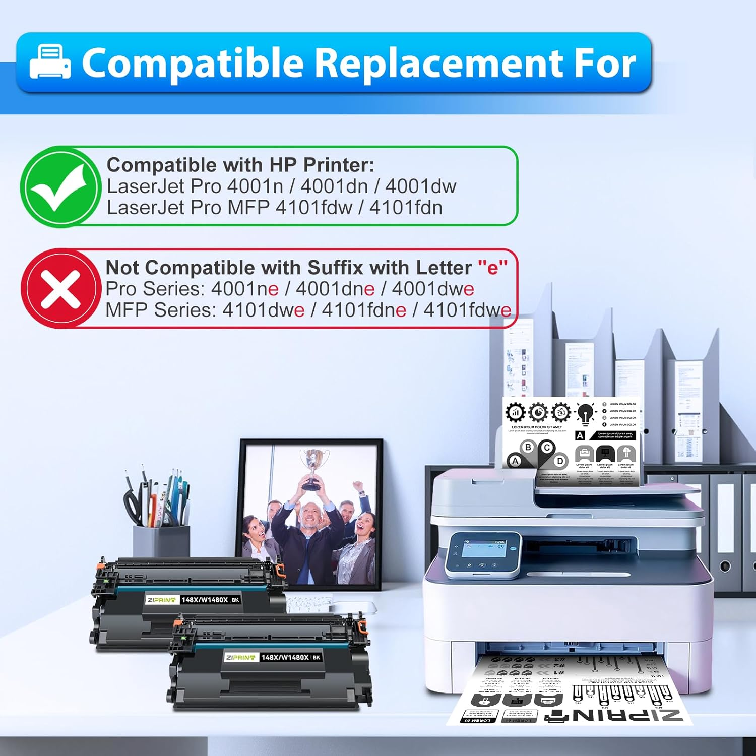 ZIPRINT 148X Black High Yield Toner Cartridge (With Chip) Compatible Replacement for HP 148X 148A W1480X W1480A for Laserjet Pro MFP 4101Fdw 4101Fdn 4001Dw 4001Dn 4001N (2 Pack) - 148X Toner Cartridge 2 Black image number 2