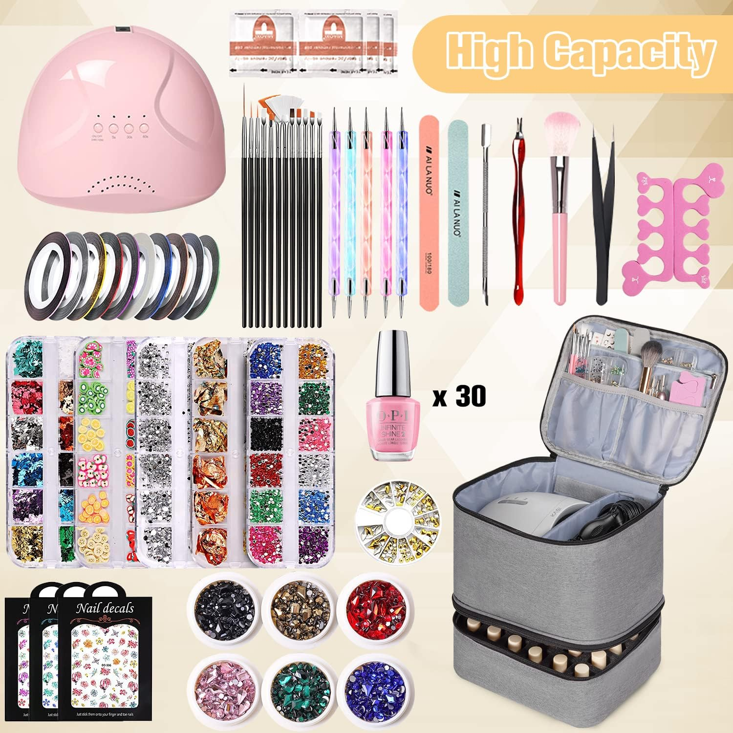 TDIFFUN Nail Polish Organizer and Nail Dryer Case, Double-Layer Storage Holds 30 Bottles (15Ml/0.5 Fl.Oz) and 1 Led Nail Lamp, Travel Carrying Case for Nail Polish Kit Set (Grey) - Purple image number 4