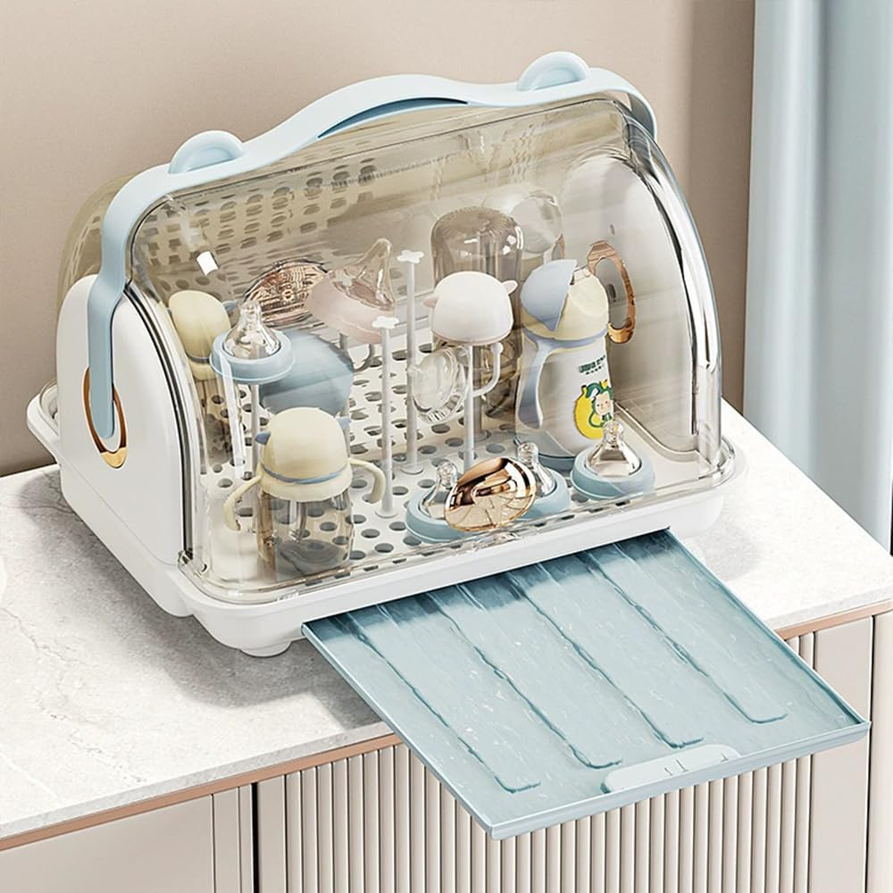 Baby Bottle Drying Rack with Storage Box, Portable Nursing Bottle Organizer with Cover and Drain Board, Durable Countertop Drying Station for Bottles and Tableware image number 3