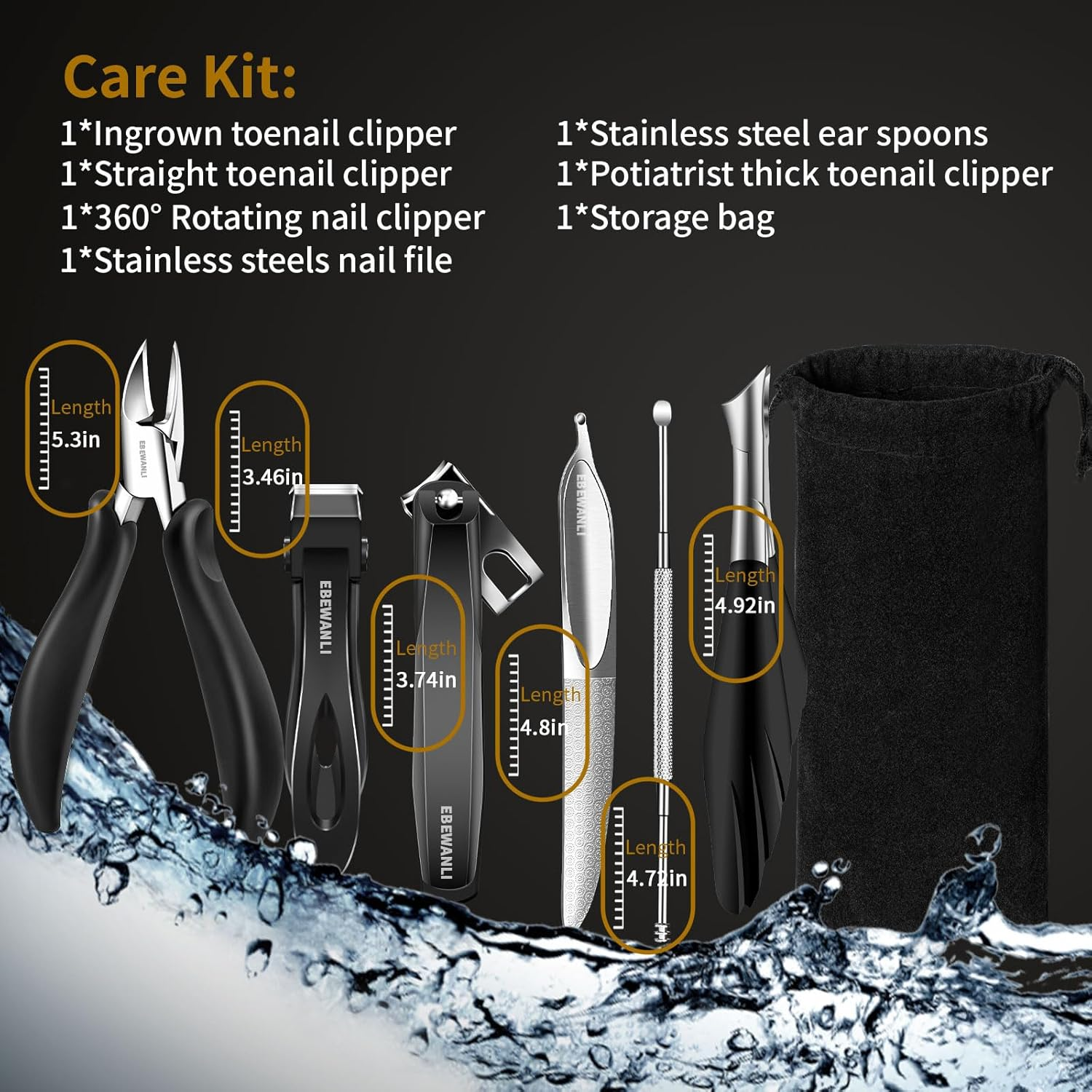 EBEWANLI Professional Toenail Clippers Set for Thick Nails, Ingrown Toenails, Seniors, Men & Women - Stainless Steel, Black image number 3