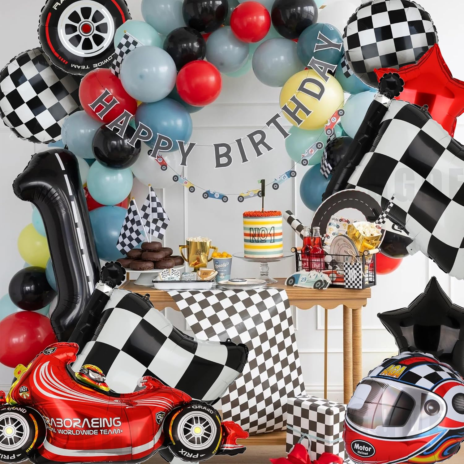 Race Car Balloons Tire Balloon Chequered Flag Balloons Helmet Balloons Baby Shower Kids Two Fast Speedy Race Car Themed Birthday Party Decor Supplies 10 Pcs Kit image number 1