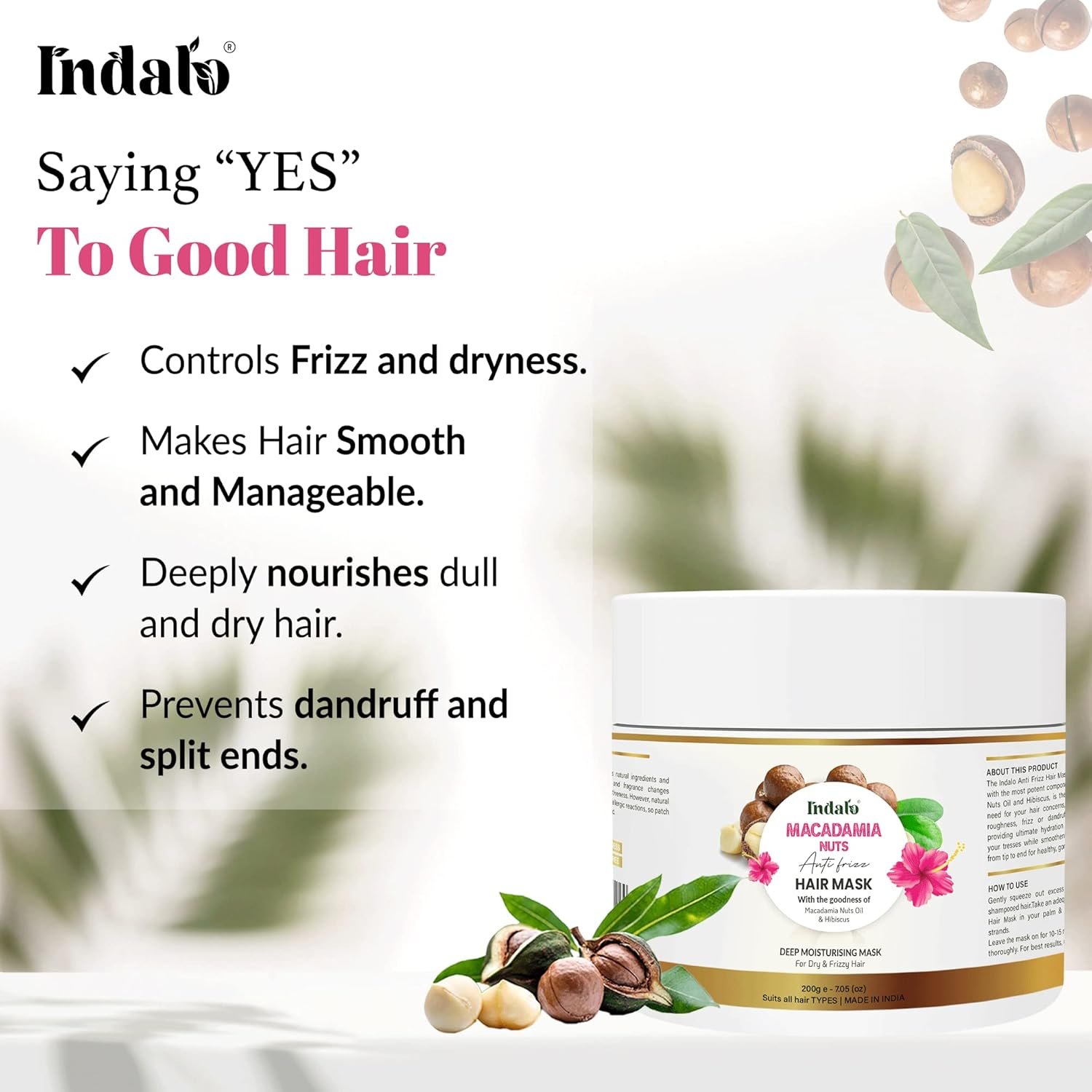 Indalo Macadamia Nuts anti Frizz Hair Mask with Hibiscus, Deep Moisturising for Dry & Rough Hair Mask | Soft, Smooth & Shiny Hair for Men & Women - 200Gm image number 3