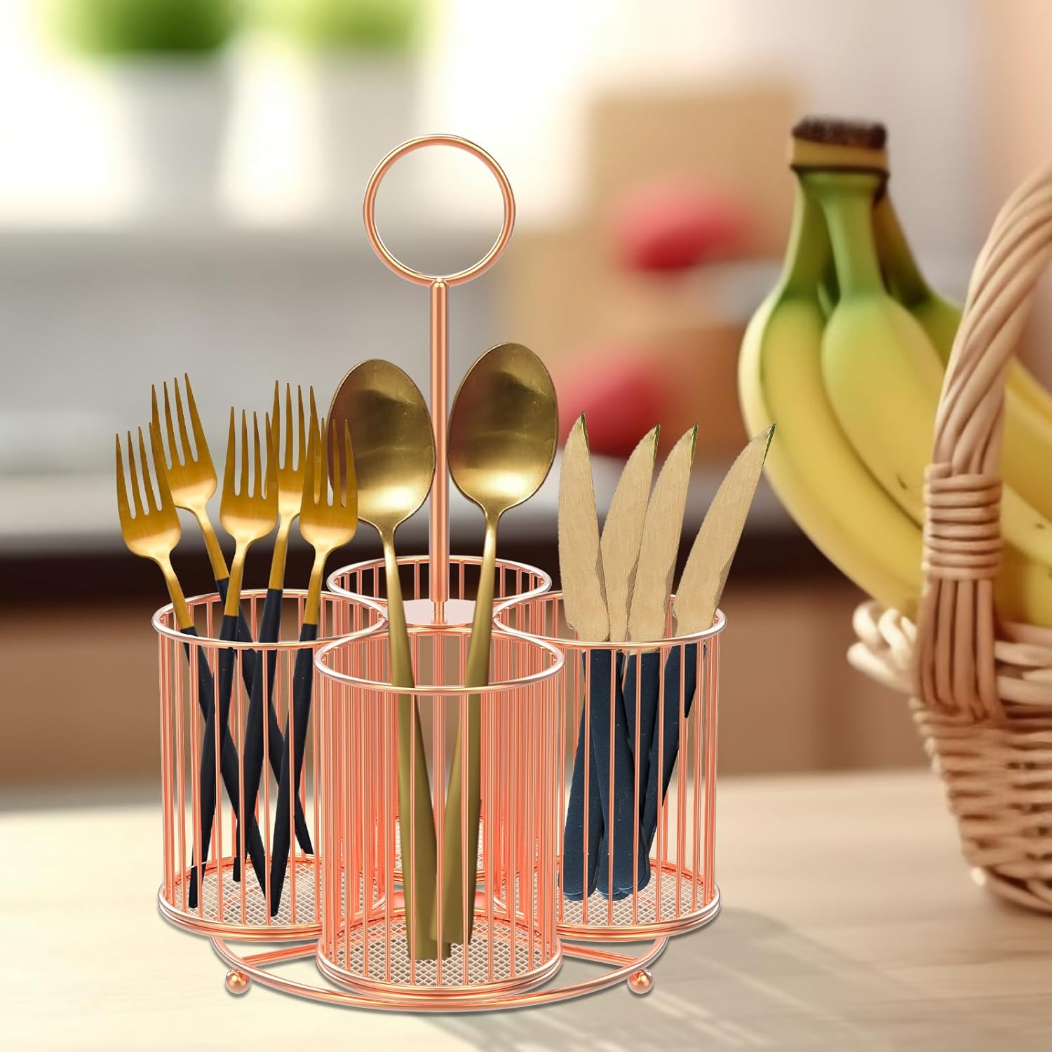 360&deg; Rotating Metal Utensil Caddy 4 Compartment Silverware Caddy Cutlery Caddy Fork Spoon Knife Utensil Organizer Multifunctional Utensil Holder for Parties Desk Organizer Caddy Pen Pencil Holder