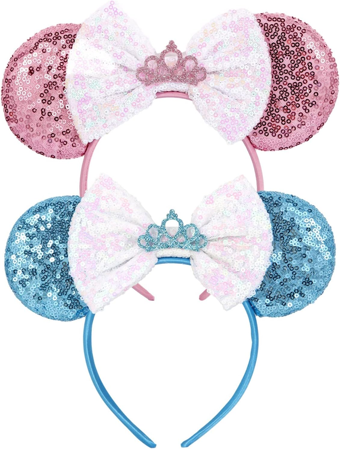2 PCS Sequin Mouse Ears Bow Headbands for Kids Girls Women, Glitter Party Princess Decoration Cosplay Birthday Christmas Party (Blue+Pink)