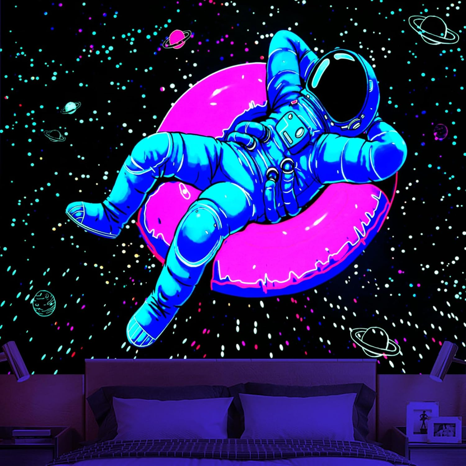 Blacklight Space Astronaut Tapestry for Men Guys Bedroom Black Light Cool Stars Galaxy Tapestries Glow in the Dark Spaceman and Poster Wall Hanging Bedroom Accessories Men 52"X60" image number 6