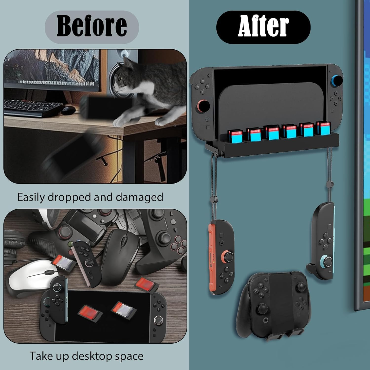 ZONEY Wall Mount Compatible with Nintendo Switch 2, Metal Switch 2 Wall Mount Kit with Controller Holder, 12 Game Card Holders and 2 Joy Con Brackets, Safely Store Switch 2 behind or near Tv,Black image number 3