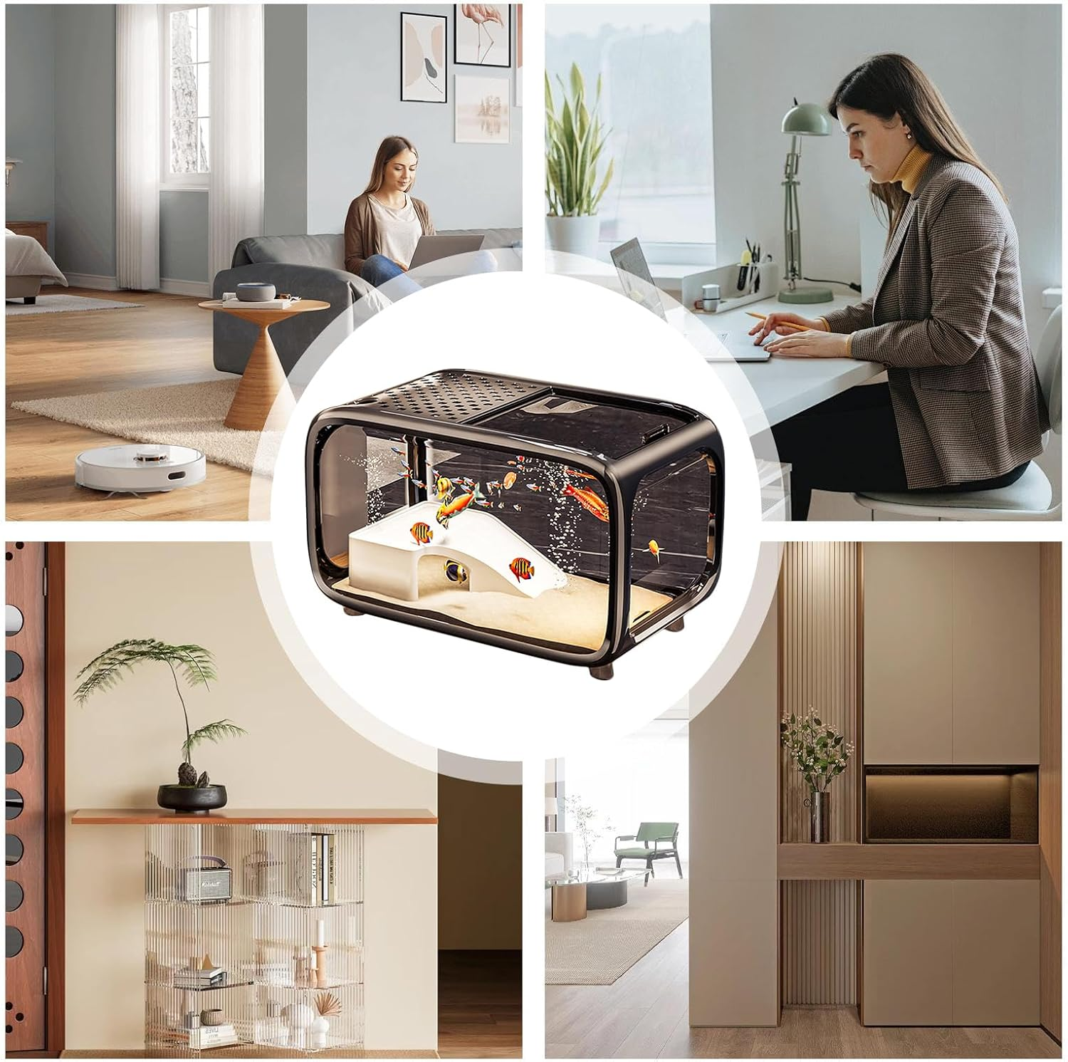 Desktop Fish Tank, Betta Tank Landscape Aquarium, Clear Acrylic Landscape Container Bowl with Top Feeding Hole for Betta Shrimp Snails Turtle Aquatic Animals - Creamy image number 7