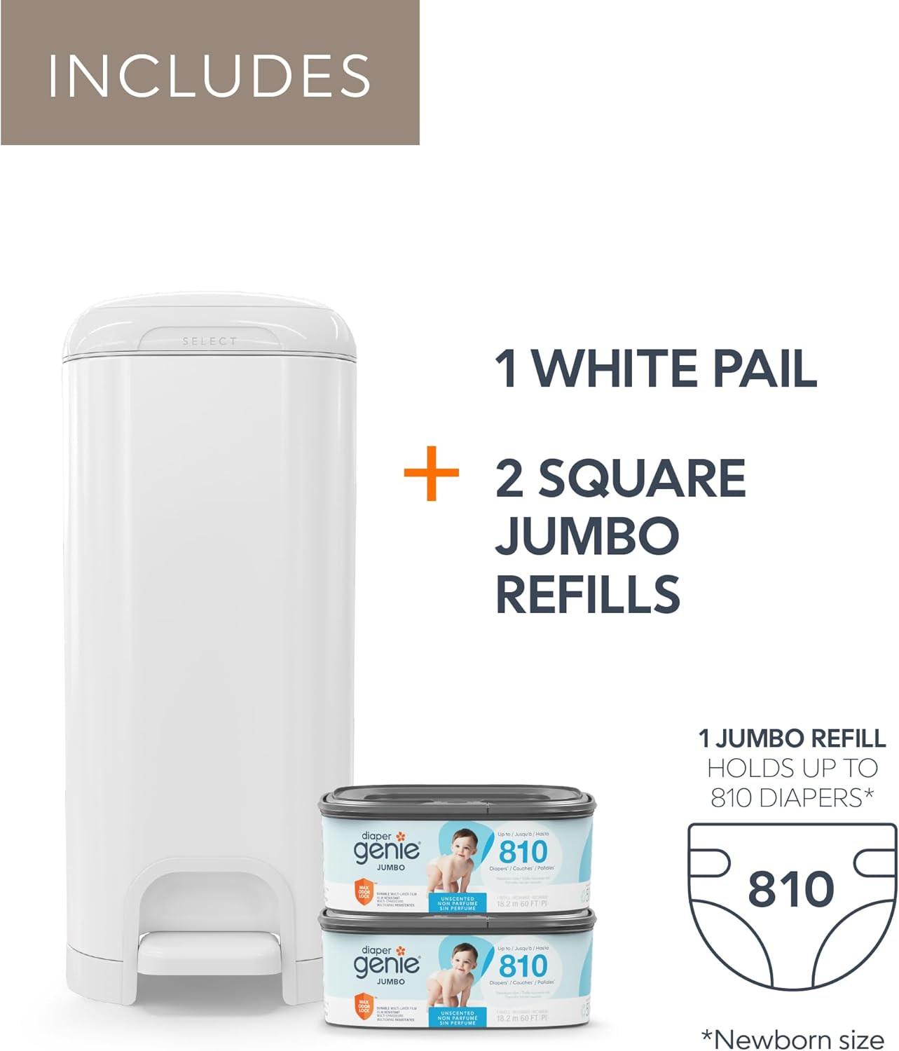 Diaper Genie Select Pail Registry Gift Set (White) | Made of Durable Stainless Steel Metal | Includes 2 Jumbo Refills | Holds 1620 Newborn Diapers image number 1