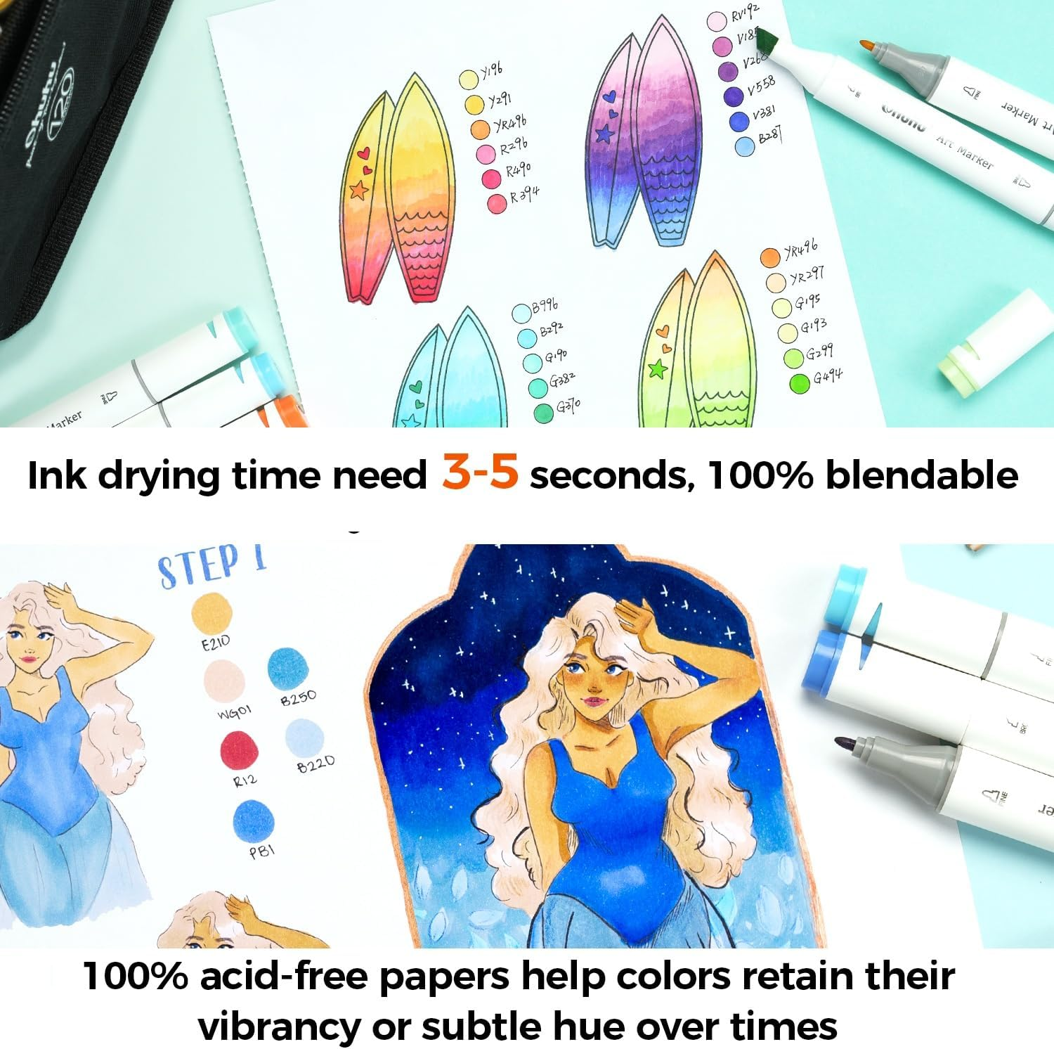 Ohuhu Double Sided Marker Pads Art Sketchbook Bleedproof - 8.3X8.3 Square Art Sketch Book Drawing Papers 60 Sheets/120 Pages 90LB/150GSM Hardcover Sketching Books for Alcohol Marker Painting Coloring image number 5