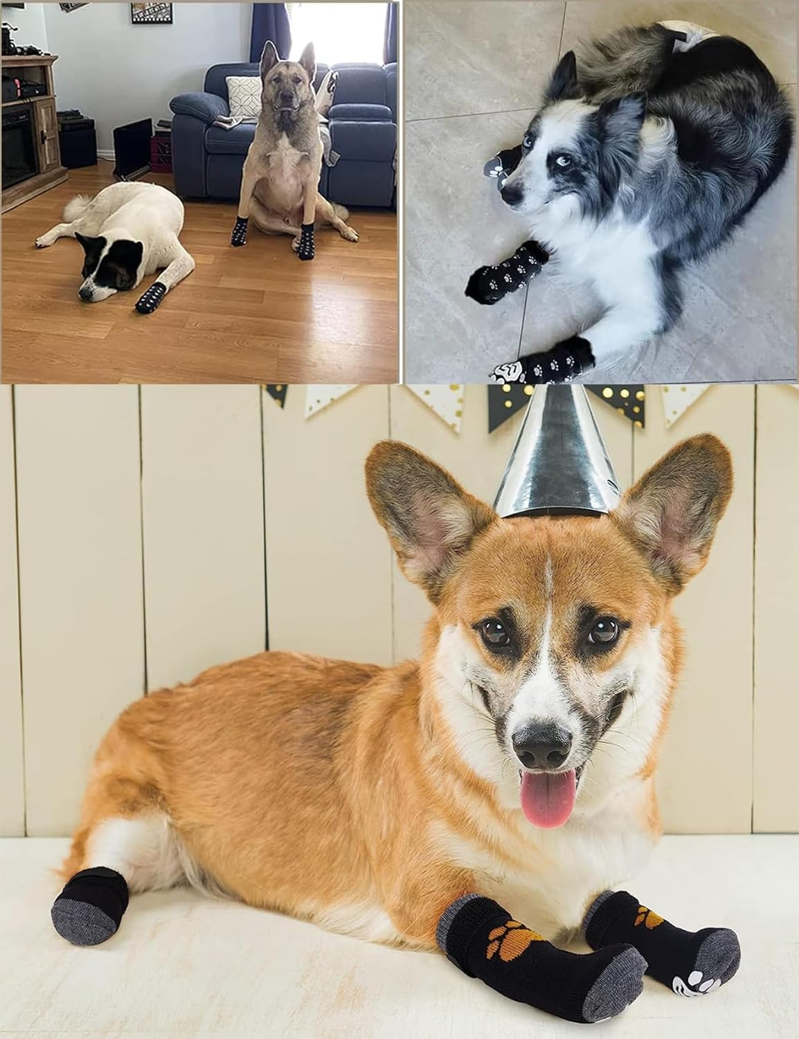 12 PCS Anti-Slip Paw Protectors Dog Socks, 3 Pairs Double Side Soft Non-Slip with Adjustable Straps, 3 Patterns Christmas Dog Socks, Traction Control Socks for Indoor Hardwood Floor Wear for Dogs (L) image number 3