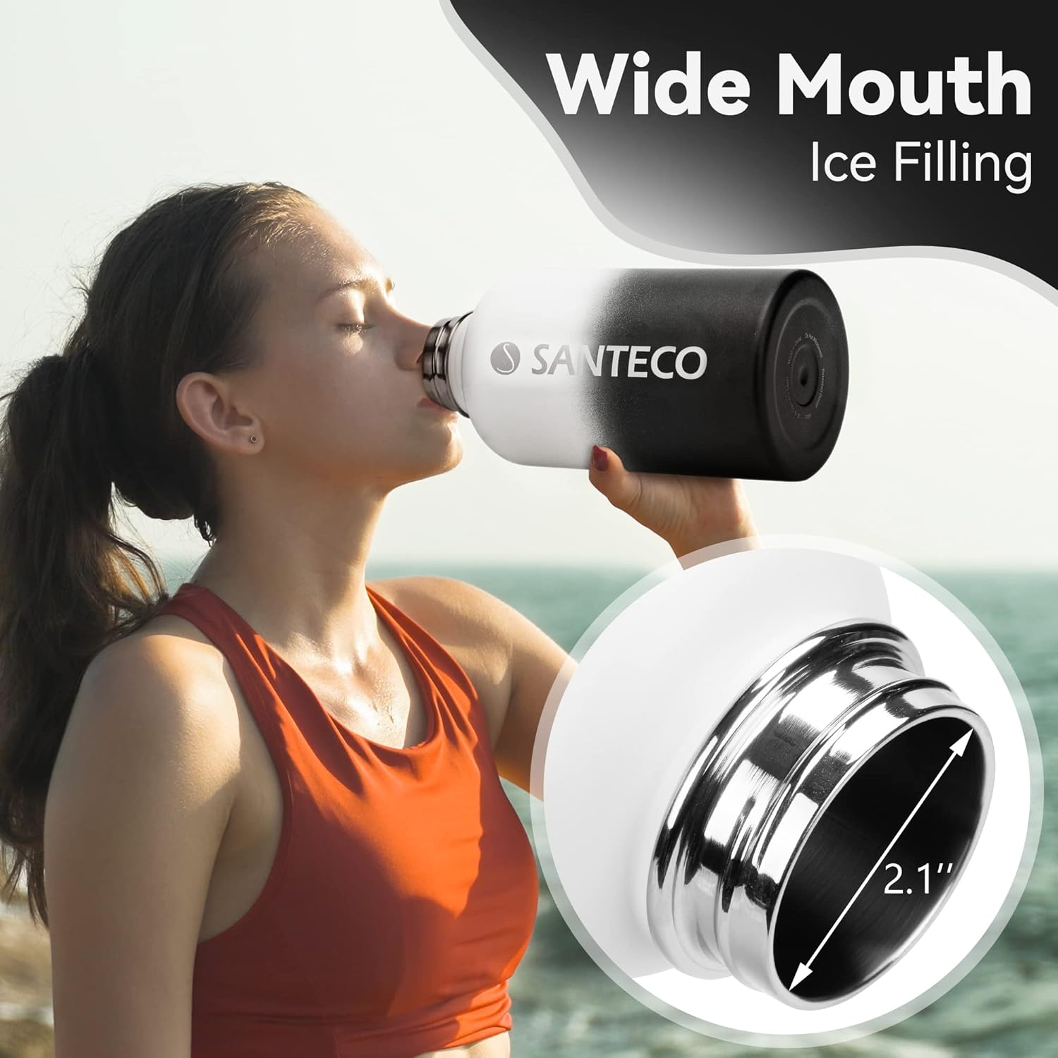 SANTECO Insulated Water Bottle with Straw 64 Oz Stainless Steel Leak-Proof 2 Liters Thermos Flask with Handle Lid Large Capacity Sport,Hiking,Gym-White Black image number 3