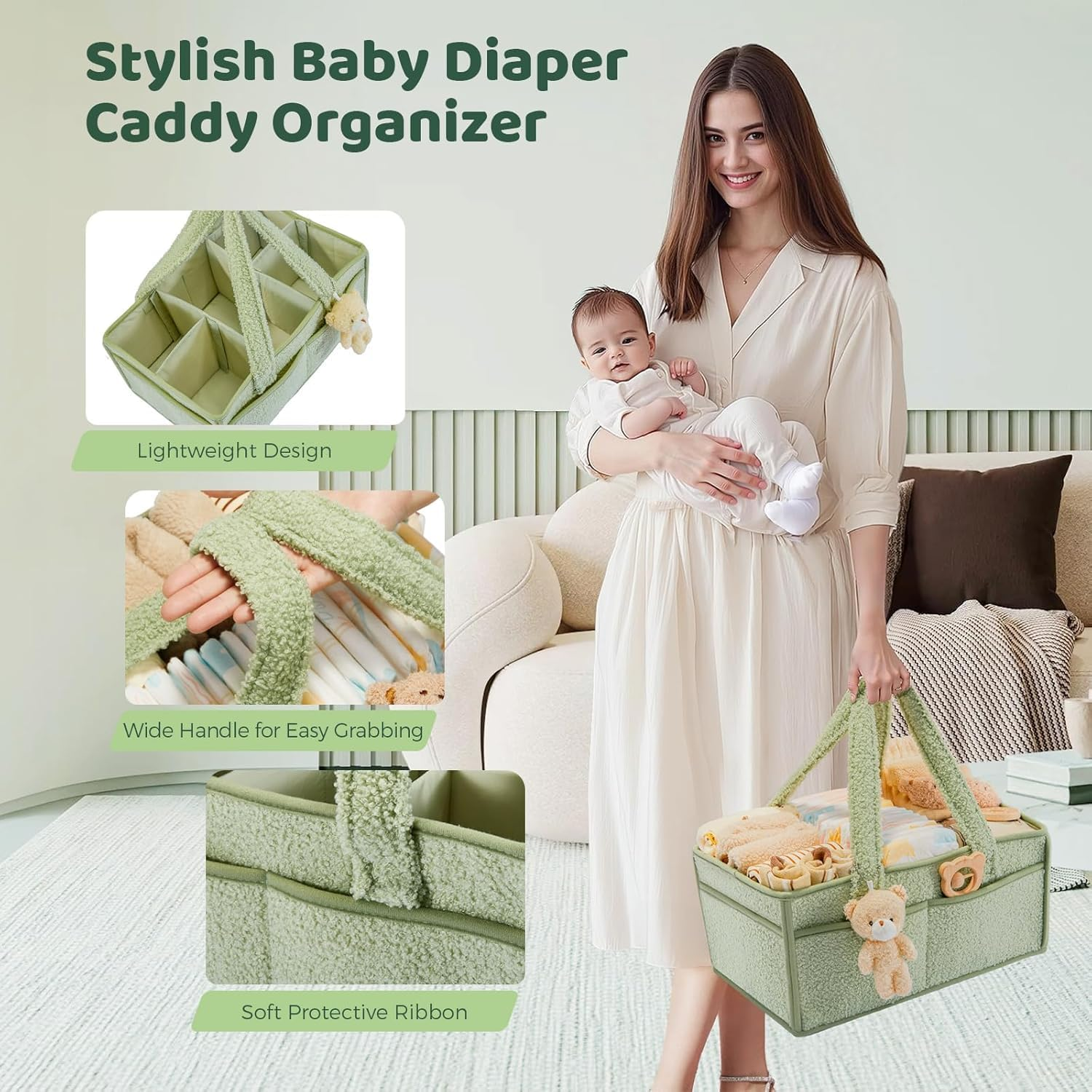 Baby Diaper Caddy Organizer with Handle, Portable Large Nursery Storage Basket with Pocket for Diapers, Wipes, Changing Table, Car & Travel &ndash; Gender Neutral Baby Storage Tote, Green image number 4