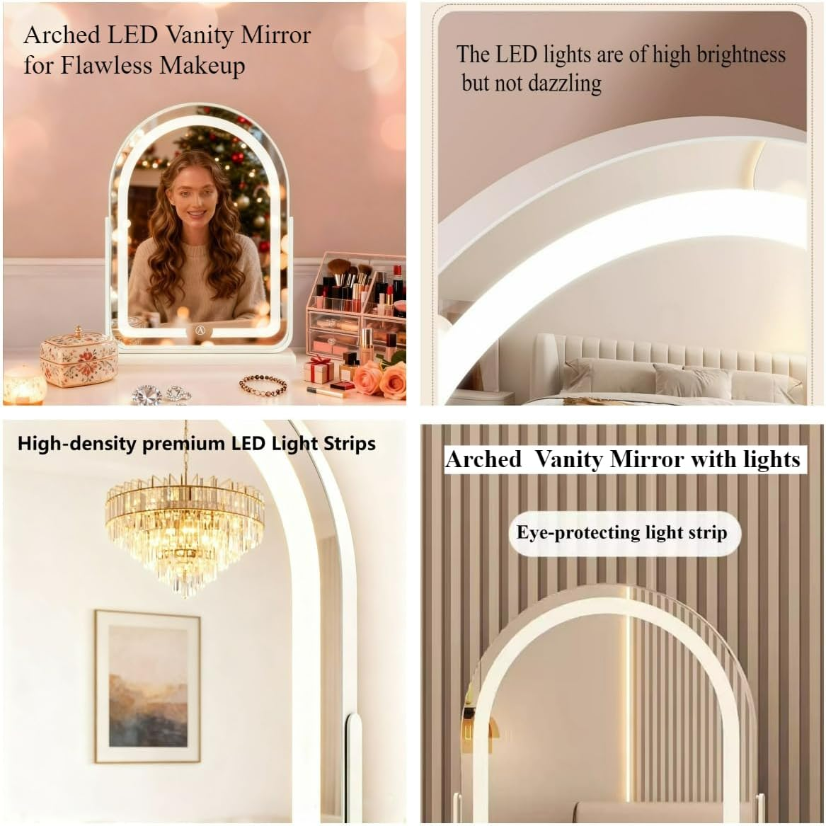 GDJIAYIYI Arched LED Vanity Mirror,Makeup Mirror with Lights,Tabletop Makeup Mirror,Touch Switch Adjustable Brightness, 360&deg; Rotation, 3-Color Light Countertop Vanity Mirror (White,44 * 32Cm) image number 5