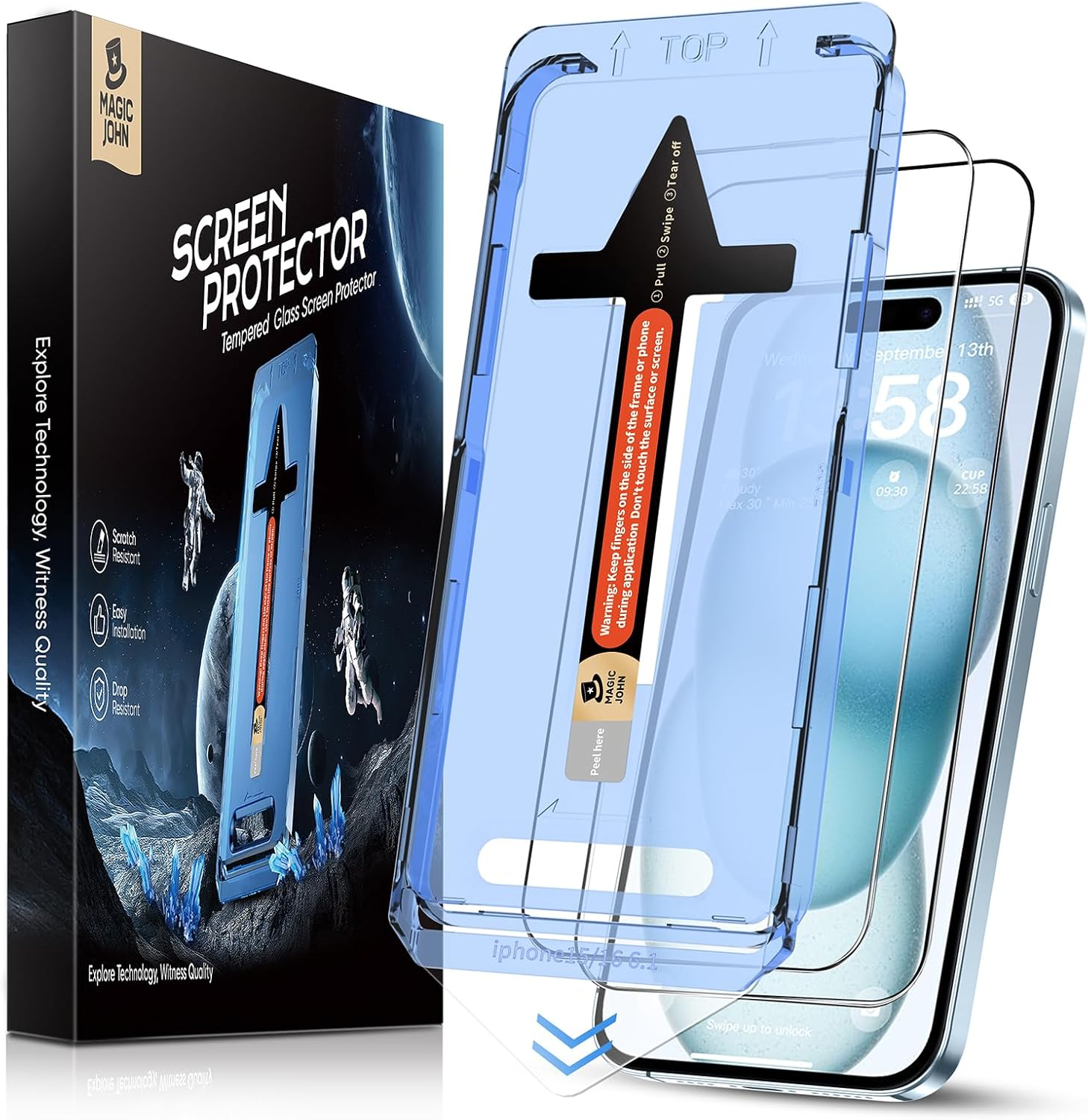 MAGIC JOHN 2 Pack for Iphone 15 6.1 Inch Tempered Glass Screen Protector, Auto Dust-Elimination, Bubble Free, HD Clear, Easy Installation image number 3