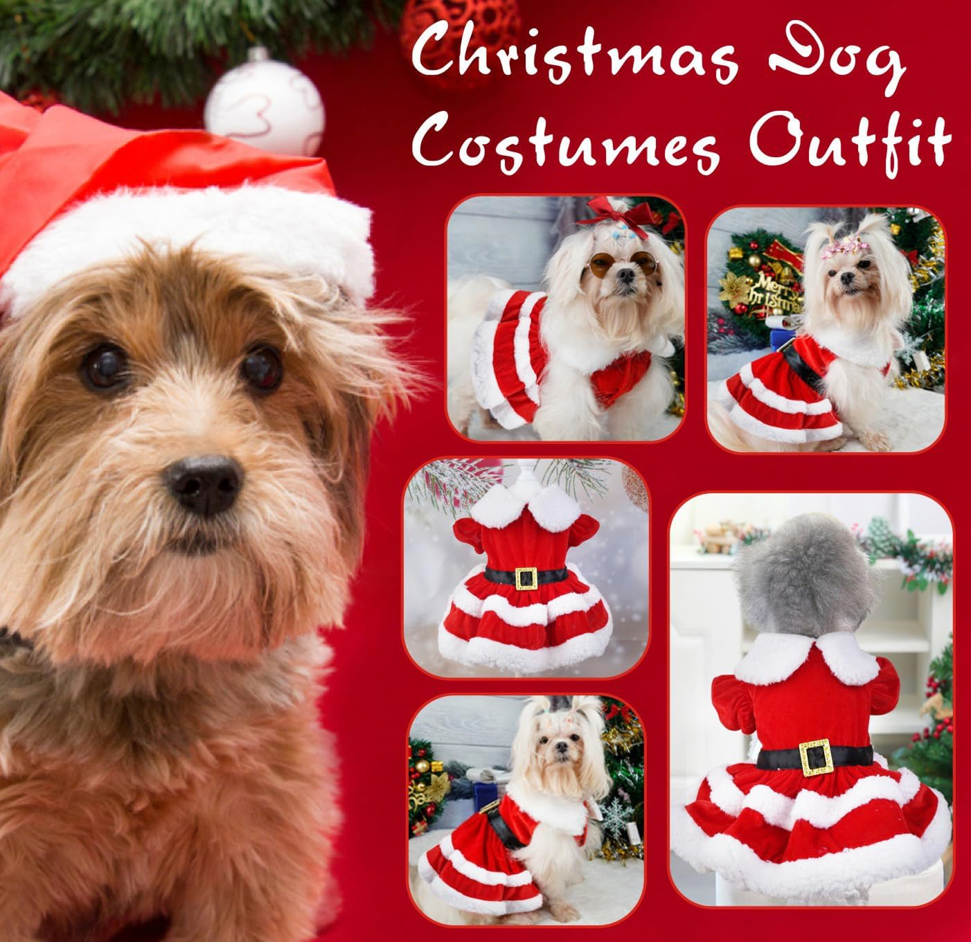 Idepet Christmas Dog Outfit, Santa Dog Dress Puppy Costume Xmas Dog Skirt for Small Dogs Girls Velvet Cat Apparel Thermal Holiday Pet Clothes, Red (Large) image number 3
