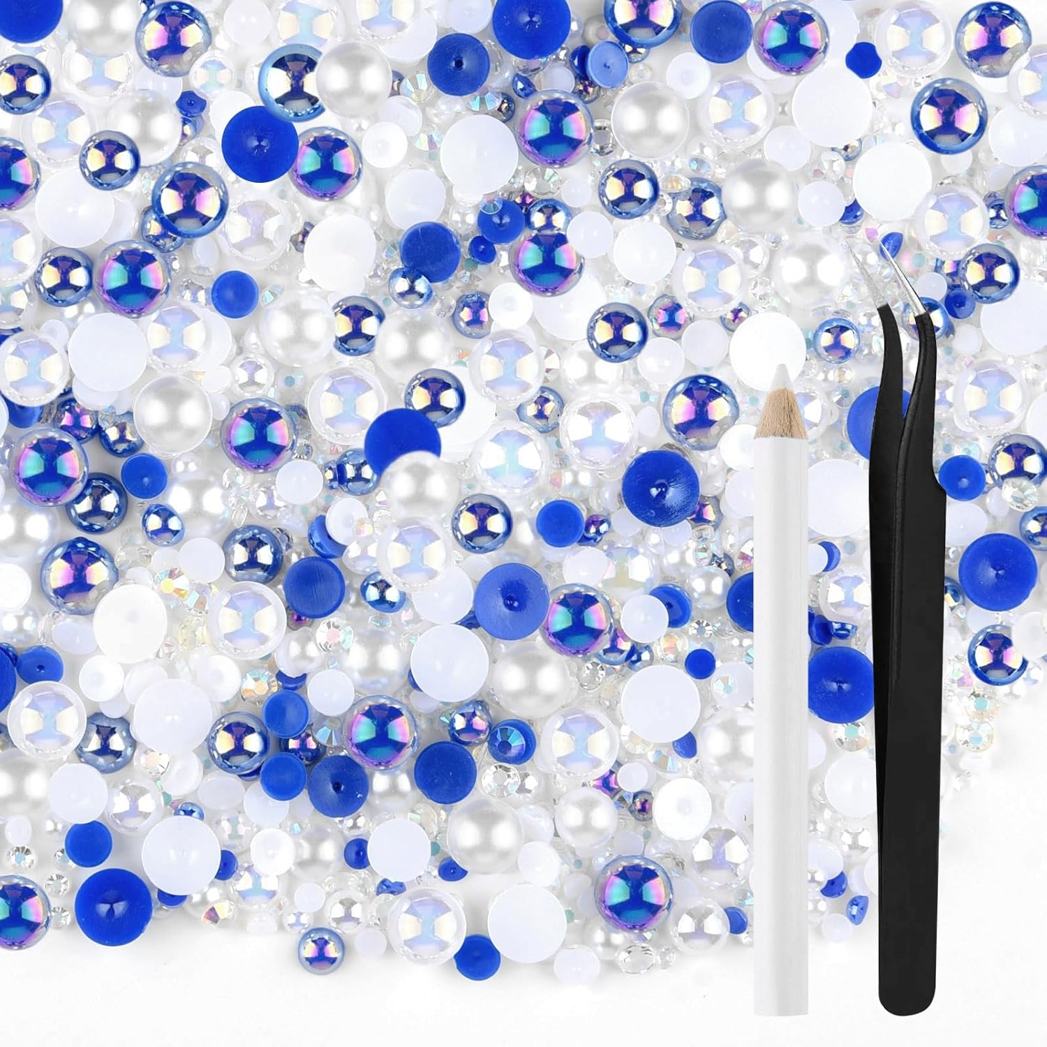 ASTARON 50G Mix Flat Back Pearls and Rhinestones for Crafts Mixed Size 3Mm-10Mm Flat Back Rhinestones for Crafts Flatback Pearls for DIY Tumblers Mugs Nail Art Shoes Clothes (Blue Series)