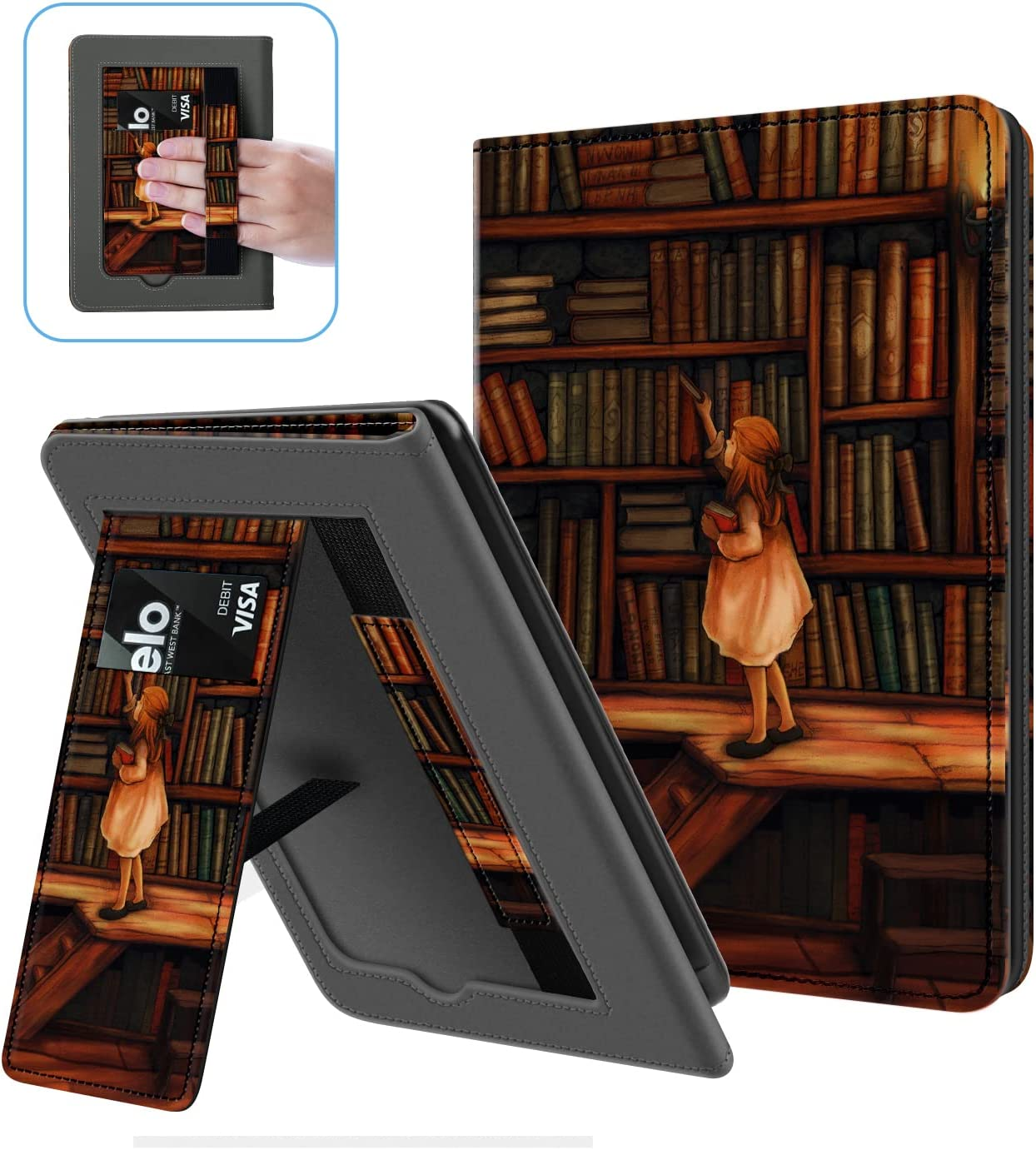 Ayotu Stand Case for Kindle Paperwhite 2021 - with Auto Wake/Sleep, Premium PU Leather Cover with Hand Strap, Only for 6.8" Kindle Paperwhite 11Th Generation 2021 and Signature Edition,The Library