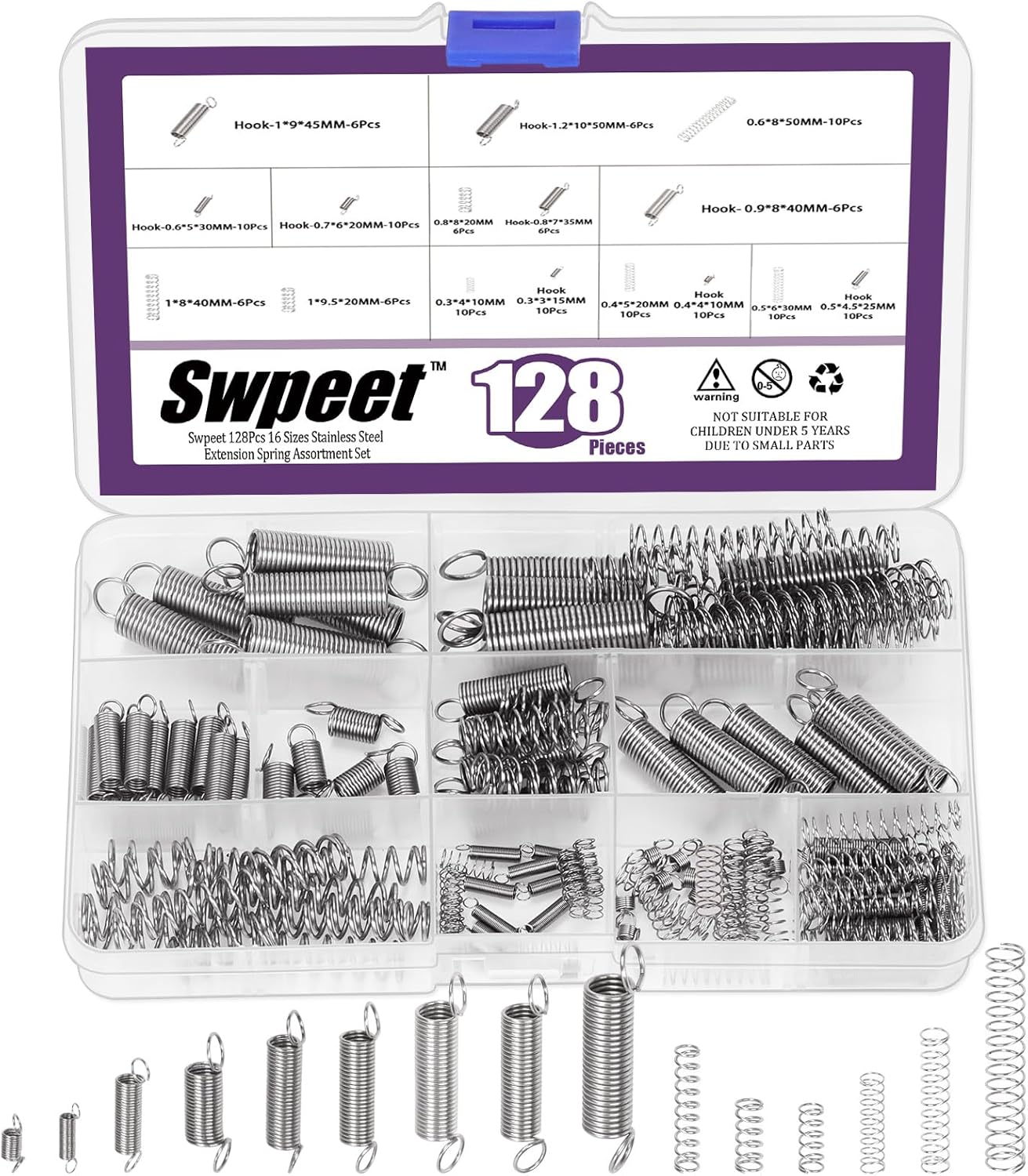 Swpeet 128Pcs 16 Sizes Stainless Steel Extension and Compression Springs Kit，Extension Spring with a Dual Hook Mechanical Springs Small Spring for Home Repairs image number 4