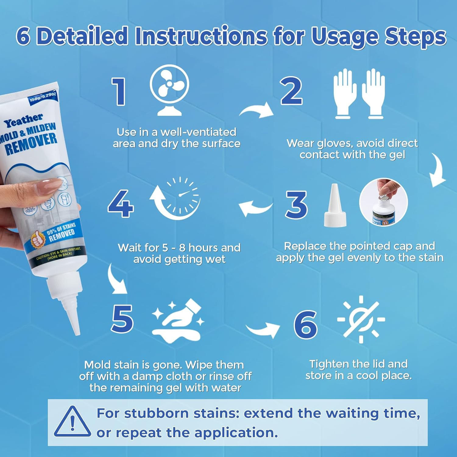 Yeather 300G (2X150G) Mould Remover Gel - Home Mold & Mildew Stain Remover Gel for Washing Machine Seals, Refrigerator Strips, Tile Gaps, Kitchen, Showers, Household & Cleaning image number 6