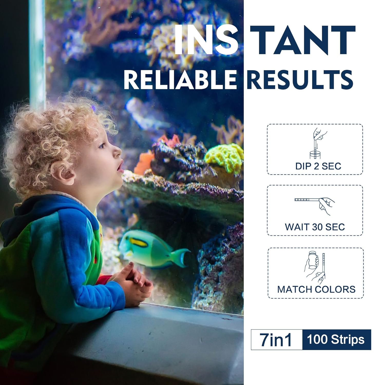 Aquarium Test Strips, 7-Way Freshwater Saltwater Kit, 100 Strips: Nitrate, Nitrite, Chlorine, Hardness, Alkalinity, Carbonate, Ph