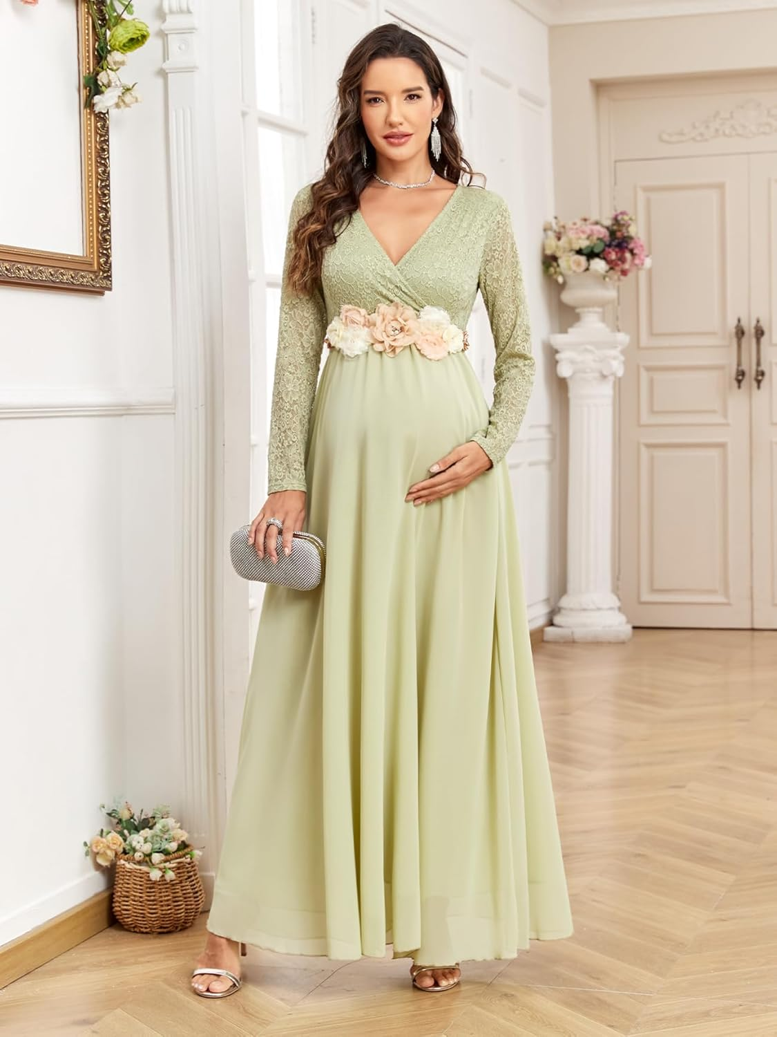 CYCLAMEN Maternity Dress Flowy A-Line Wrap Gown with Floral Lace and Contrast Chiffon Long Sleeve V Neck for Baby Shower image number 2