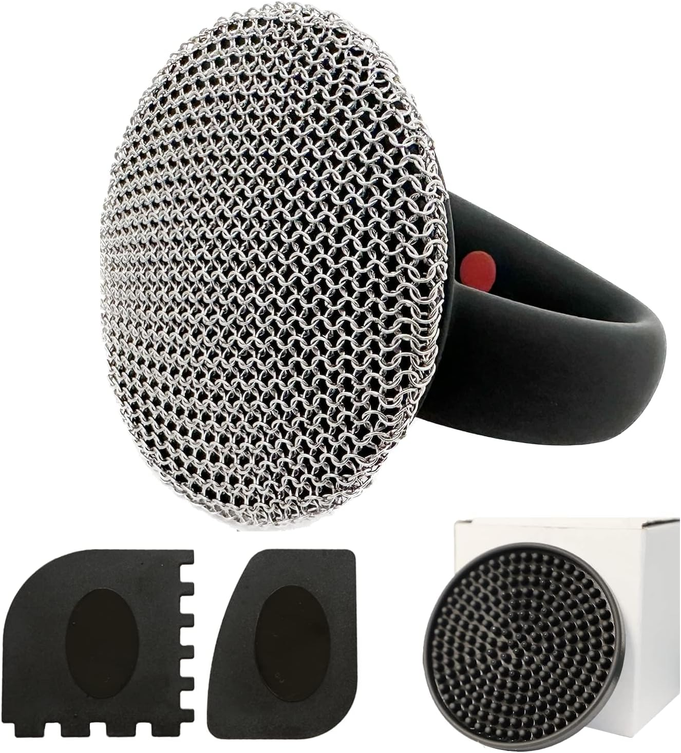 MEIXINZHI Cast Iron Scrubber and Skillet Cleaner with 2 Pan Grill Scrapers - Chain Mail for Cleaning Cast Iron (Black with Mat) image number 4