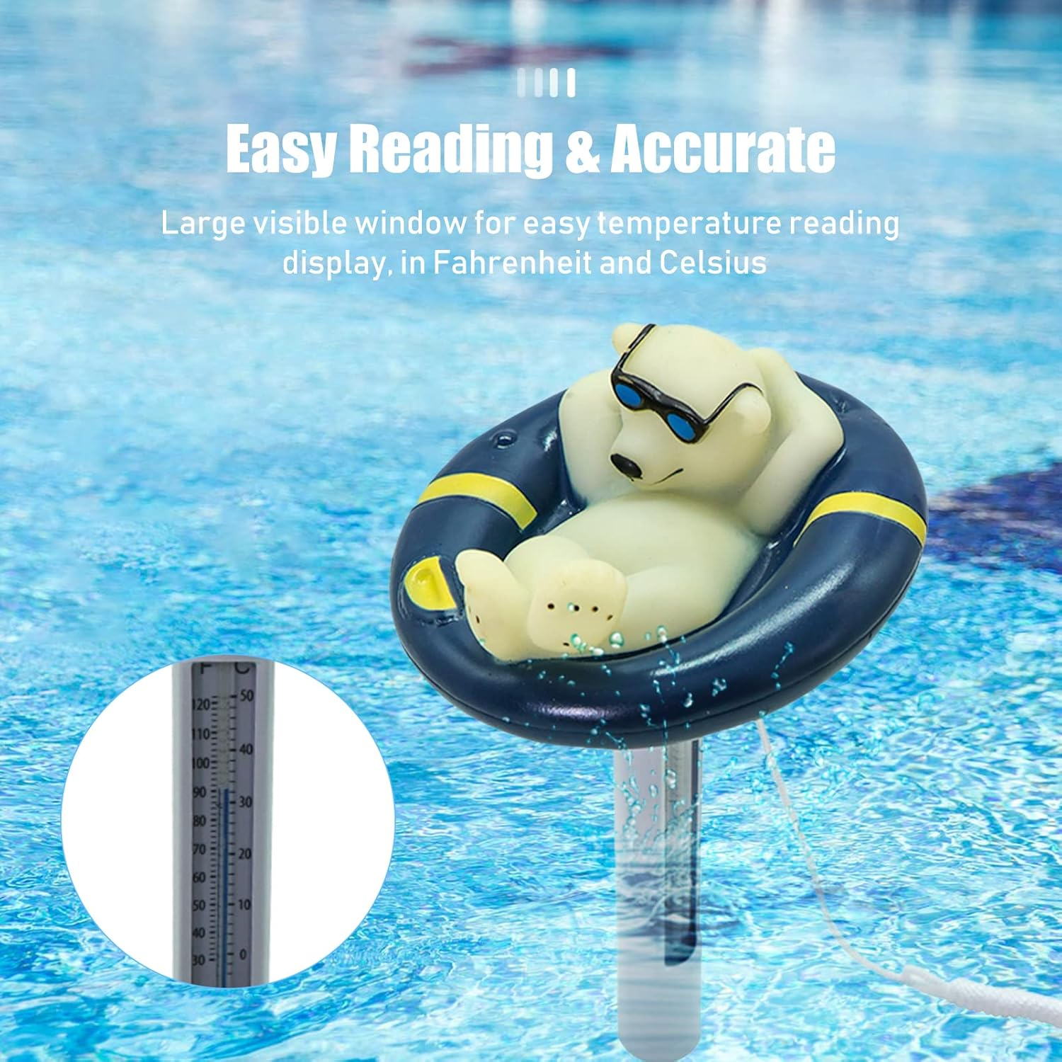 Nurdo Floating Pool Thermometer Cartoon Polar Bear Shape Water Temperature Thermometers with String for Outdoor Indoor Swimming Pools Spas Hot Tubs Fish Ponds image number 3