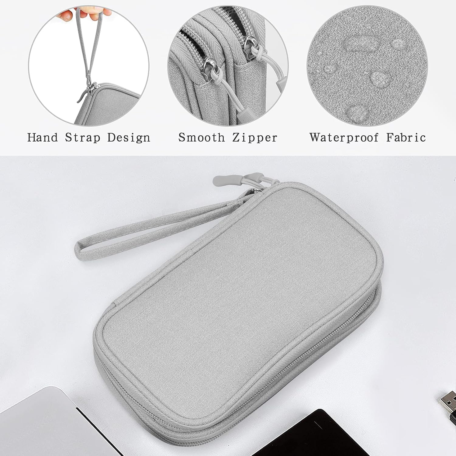 Electronics Accessories Cases, Travel Cable Organizer Pouch Bag, Portable Waterproof Double-Layer All-In-One Storage Bag, Charger&Usb Cable/Power Bank/Magic Mouse/Earphones (Grey) - Black image number 2