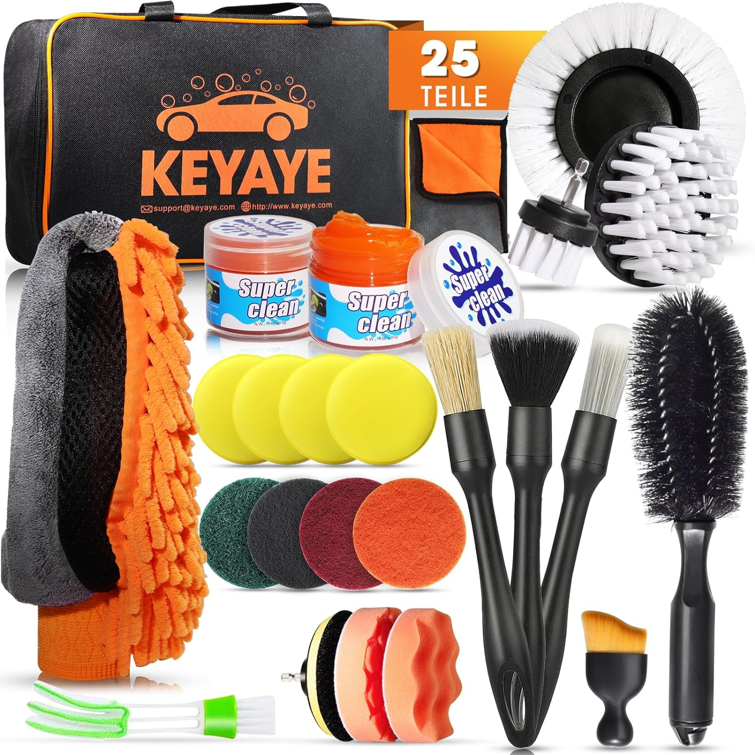 KEYAYE Car Cleaning Set, 25 Pieces Car Care Set, Car Wash Set, Car Cleaning Set with Detailing Brush for Car Cleaning Interior and Exterior, Air Vent, Engine, Wheels, Household Cleaning