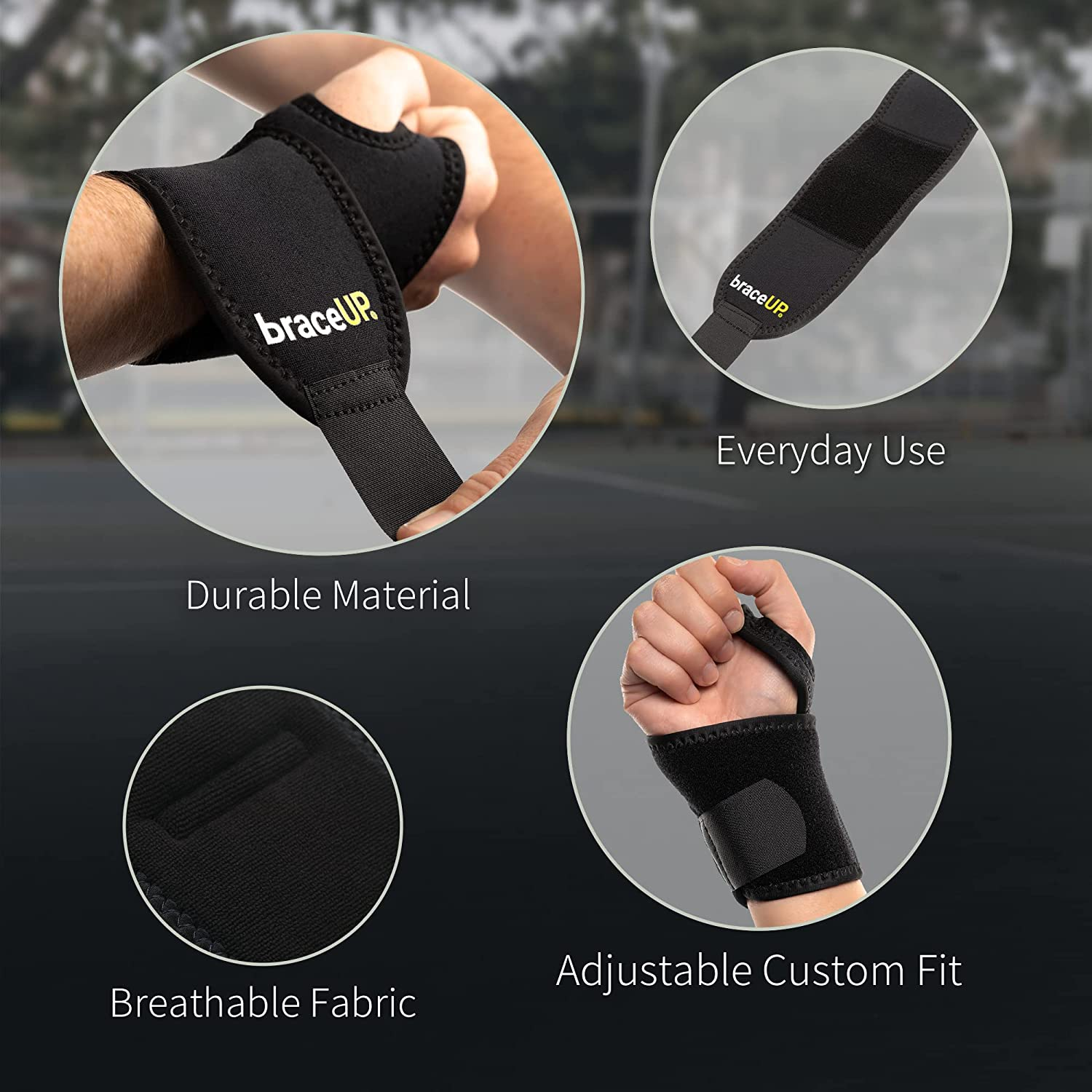 Braceup Adjustable Wrist Wrap for Men and Women - Workouts Wrist Band, Carpal Tunnel Compression Wrist Brace, Tendonitis Wrist Splint, Left Right Hand One Size Adjustable (Black) image number 6