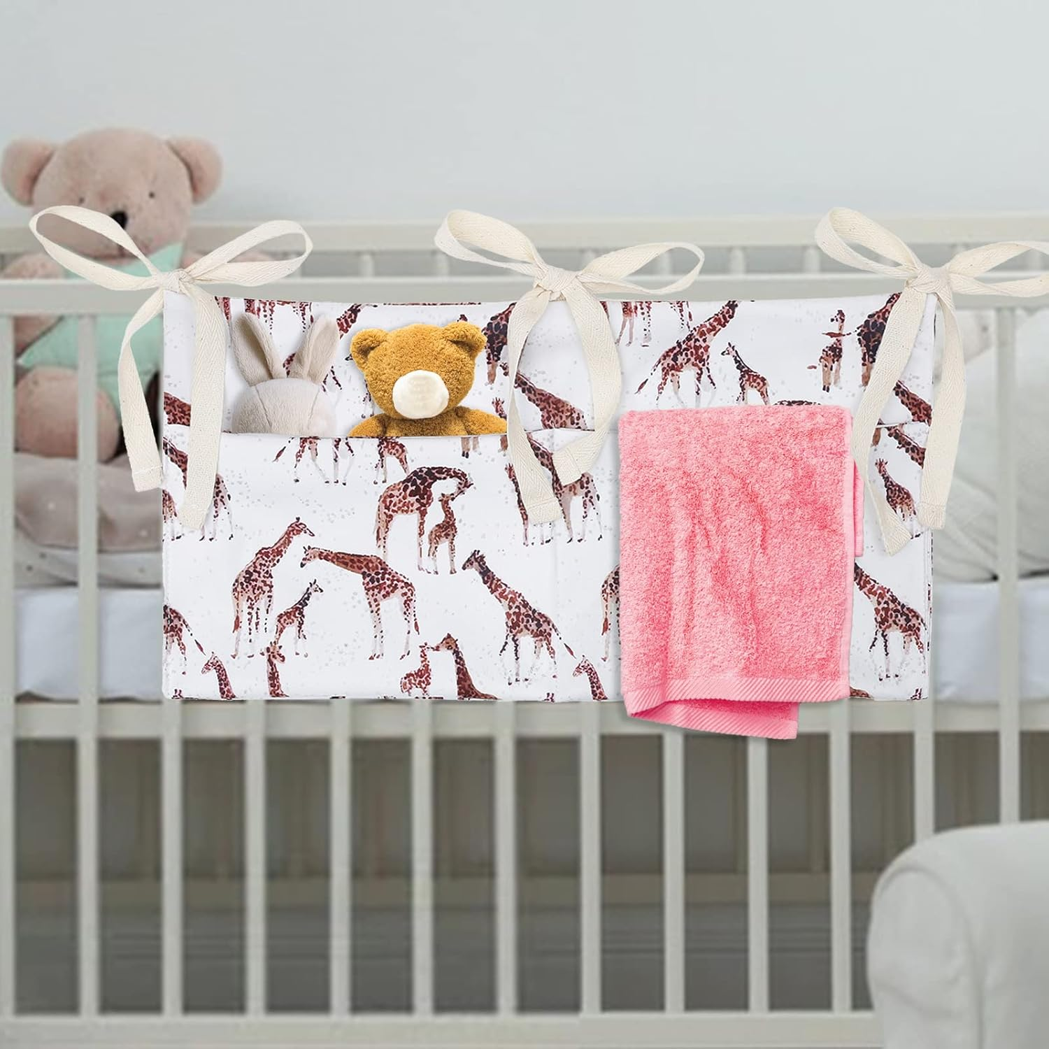 Winmany Baby Crib Organizer Cot Caddy Bed Storage Bag 2 Pockets Bedside Hanging Diaper Nursery Organizer for Diapers Toys Clothing (Giraffe) image number 6