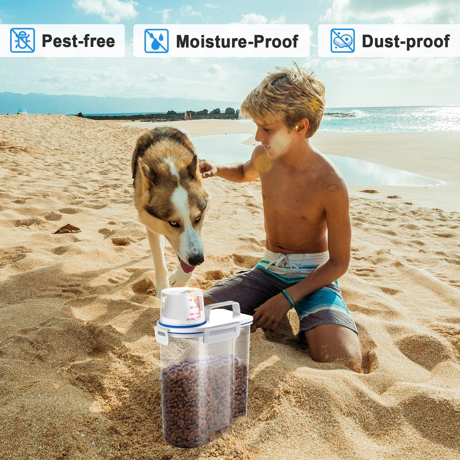 Tbmax 2L/5L Pet Food Storage Container for Dogs/Cats - Portable Dog Food Container for Dry Food, Small Bpa-Free Plastic Cat Food Storage Container with Lid and Measuring Cup, Pour Spout(2Liter)