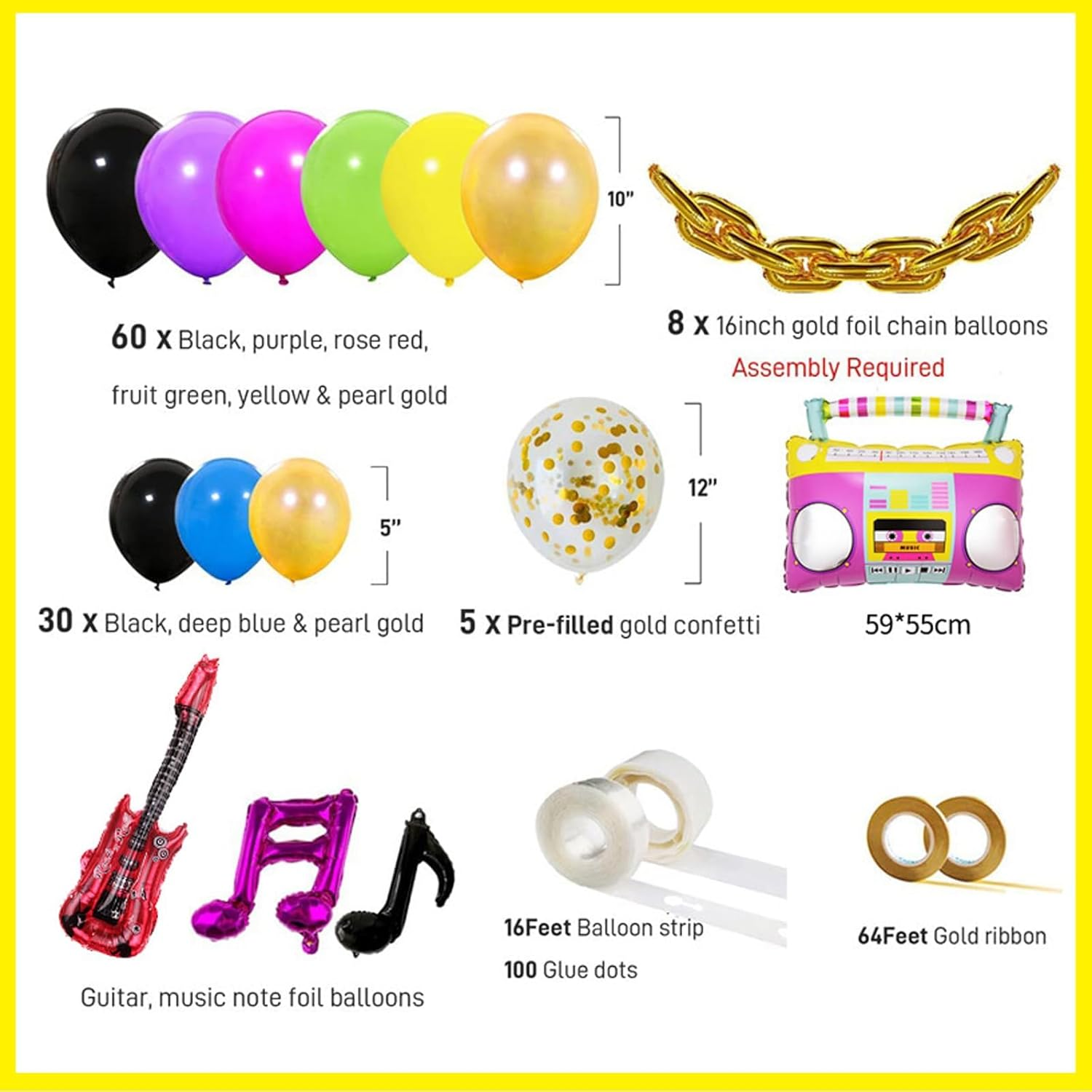 Kuskins 80S 90S Balloon Garland Arch Kit, 111Pcs Retro Music Themed Party Decorations, Radio Boom Box & Foil Balloons for 80S 90S Hip Hop Birthday, Balloon Arch Kit, Nostalgic Theme Party Supplies