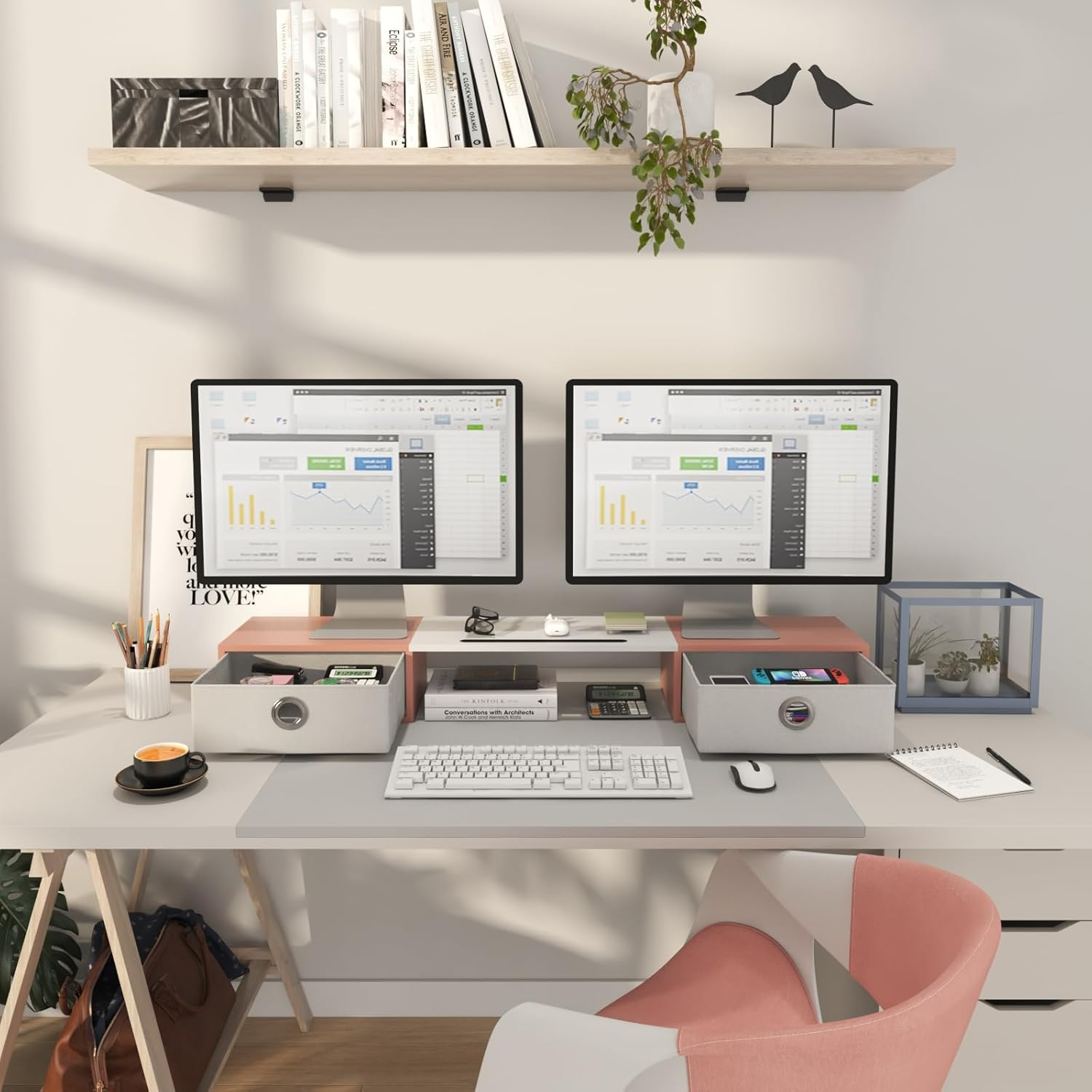 WESTREE Dual Monitor Stand Riser with Two Drawers, Extra Large Storage for 2 Monitors, Ergonomic Design, Wooden Finish - Rustic Brown image number 2