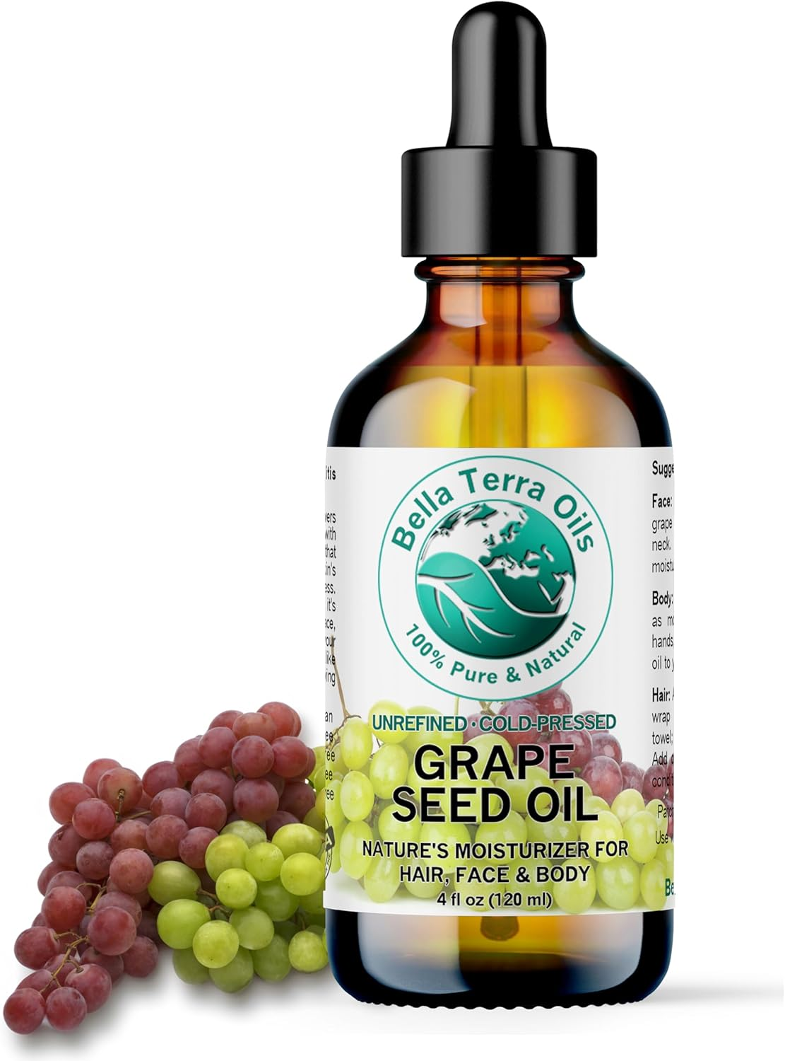 Grape Seed Oil 4 Oz 100% Pure Cold-Pressed Unrefined Organic Hexane-Free Natural Moisturizer for Skin Hair. Non-Comedogenic. Great for Sensitive, Acne-Prone Skin. Fast-Absorbing. Bella Terra Oils image number 2