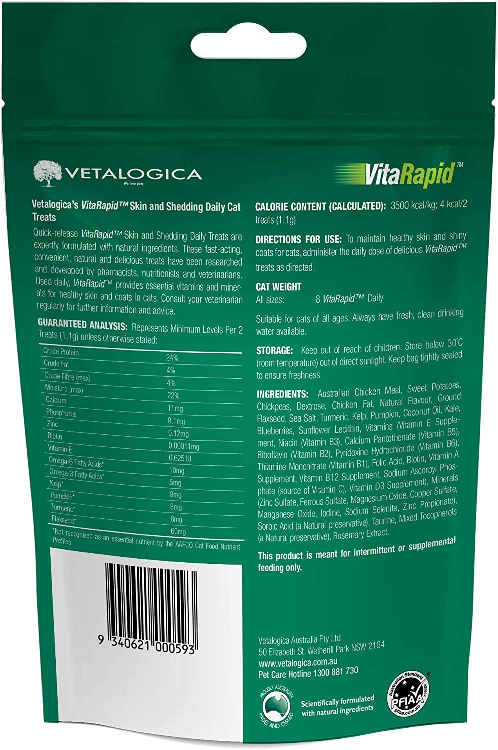 Vetalogica Vitarapid Skin & Shedding Daily Treats for Cats 100G image number 2