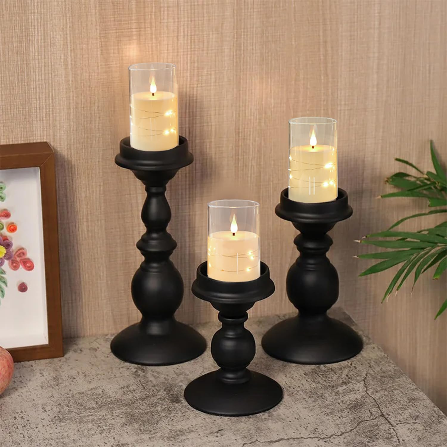Flickering Flameless Candles: Built-In Star String Lights Unbreakable 3D Wick Acrylic Battery Operated LED Pillar Candles with Remote (White, 4" 5" 6") image number 3