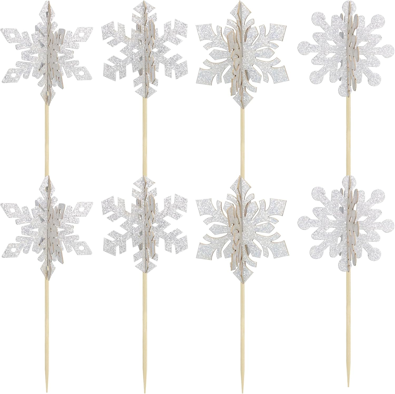 Gyufise 24Pcs 3D Snowflake Cupcake Toppers Double Side Glitter Winter Frozen Cupcake Pick Decorations Winter Theme Party Christmas Baby Shower Birthday Decoration Supplies Silver image number 2
