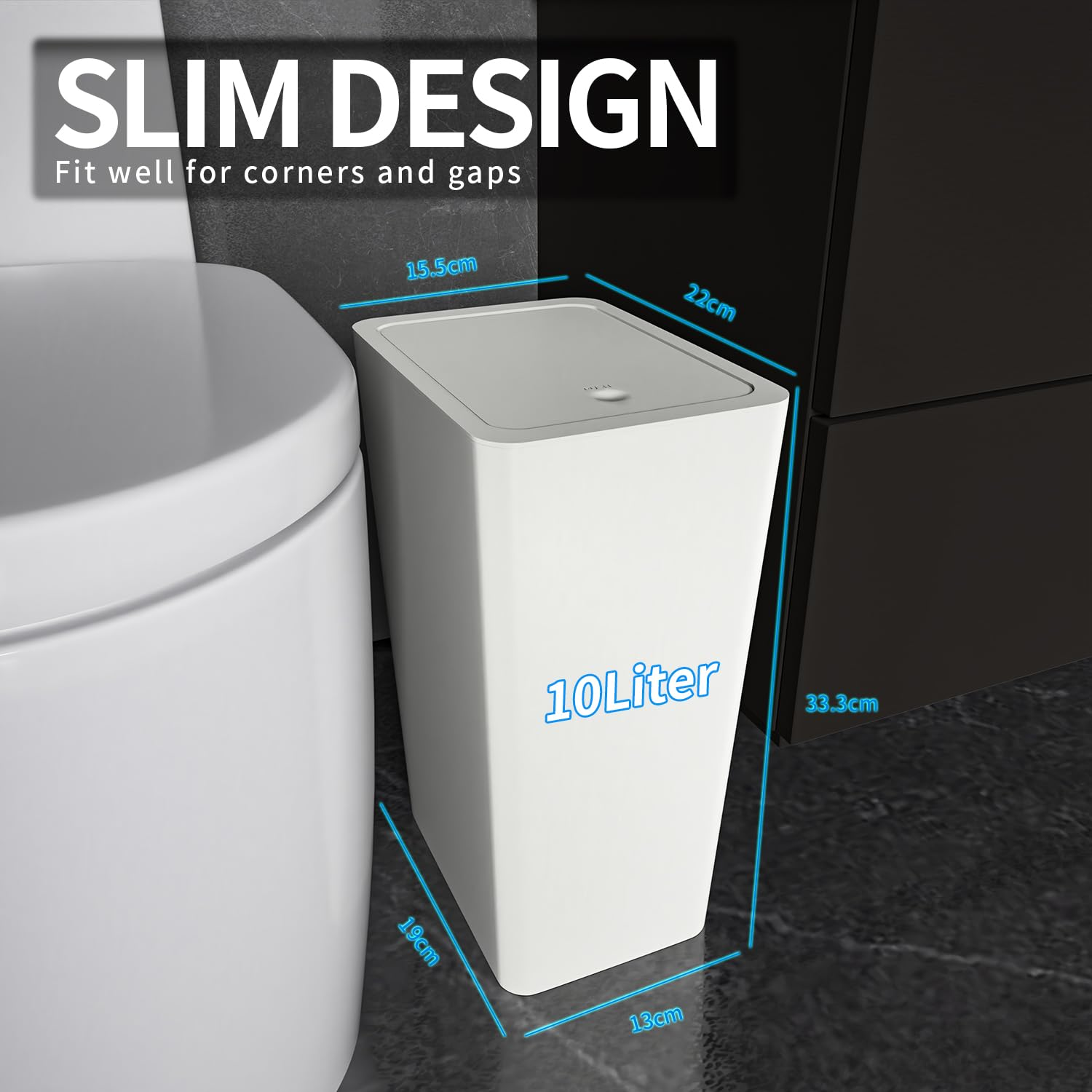 2 Pack Bathroom Trash Cans with Lid, 10 Liter/ 2.6 Gallon Slim Garbage Can, Small Trash Bin Waste Basket with Pop-Up Lid for Kitchen, Bedroom, Living Room, Office (2 Pack, White) image number 3