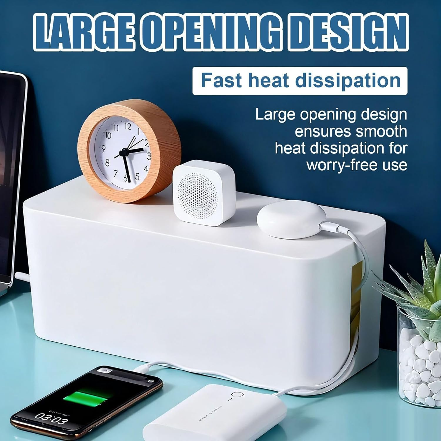 3PCS Cable Management Boxes Organizer, Cord Organiser Box System to Cover and Hide & Power Strips & Cords,Large Storage Wires Keeper Holder for Desk, TV, Computer,Usb Hub (White) image number 2