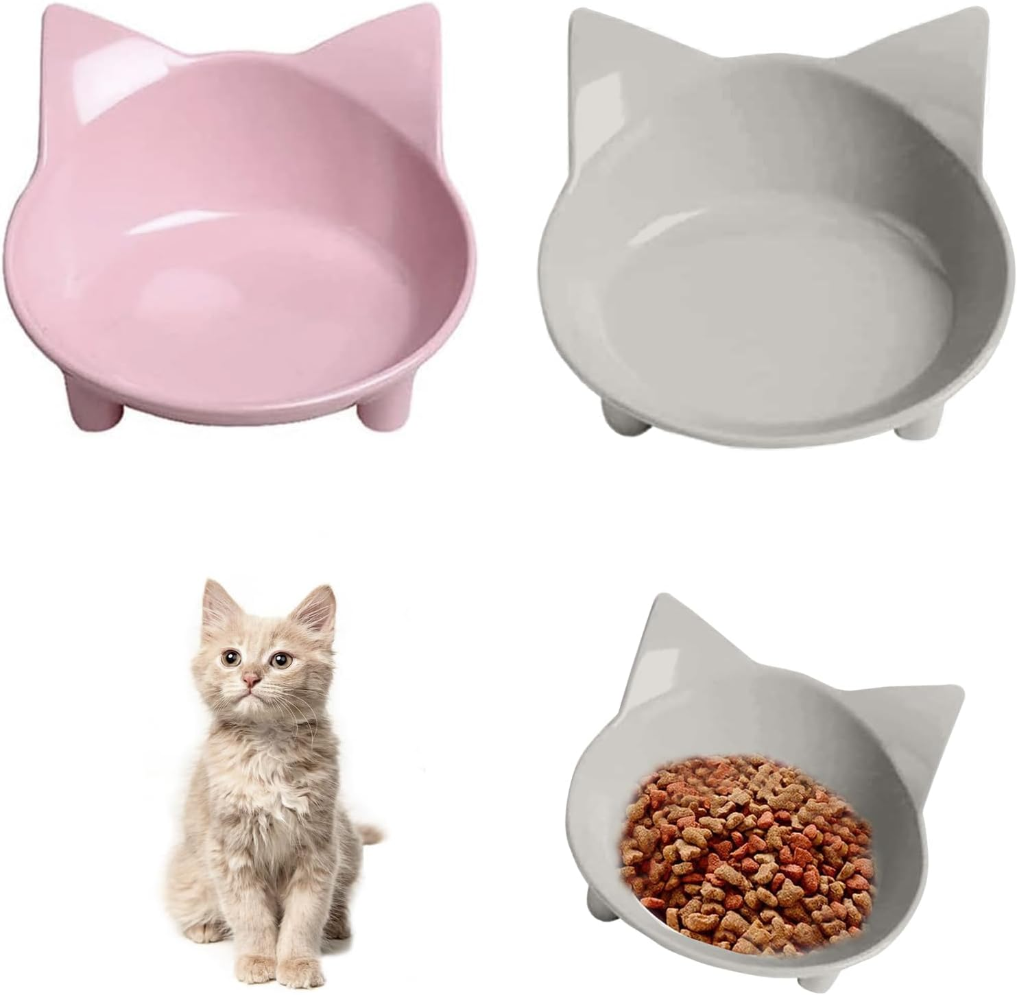 Cat Bowls, Anti-Slip Multi-Purpose Feeding Bowl, Cat Food Bowl with Non-Slip Rubber to Relieve Whiskers Fatigue, One Set of 2 - White and Pink image number 3