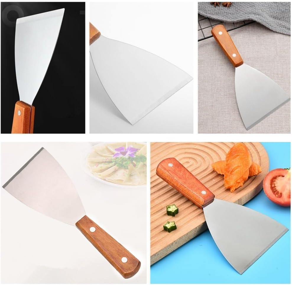 Afzoryxn 2 Pieces Stainless Steel Grill Griddle Scraper with Wooden Handle, Grill Slant Edge Flat Scraper,Grill Griddle Scraper,Barbecue Cooking Shovel for BBQ Grill Teppanyaki Dough Pancake Pizza image number 4